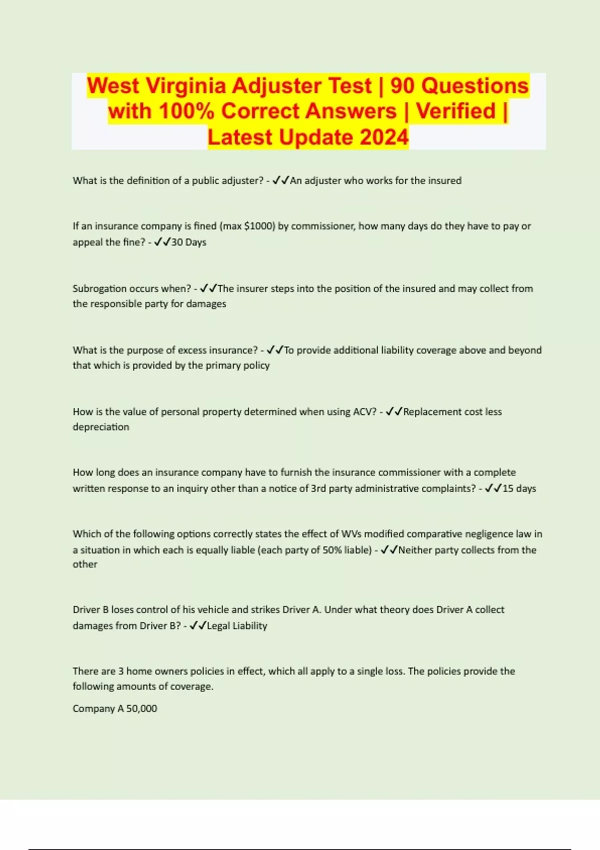 West Virginia Adjuster Test 90 Questions with 100 Correct Answers