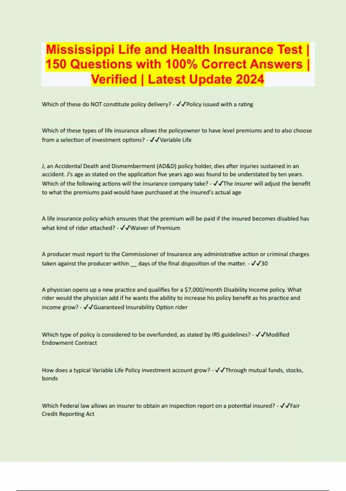 Mississippi Life and Health Insurance Test 150 Questions with 100