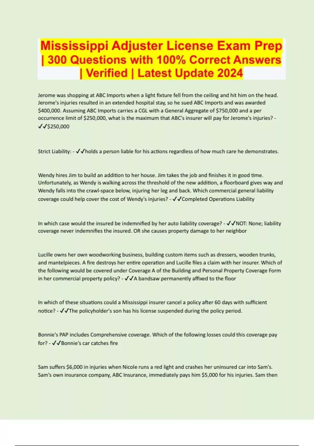 Mississippi Adjuster License Exam Prep 300 Questions with 100 Correct Answers Verified