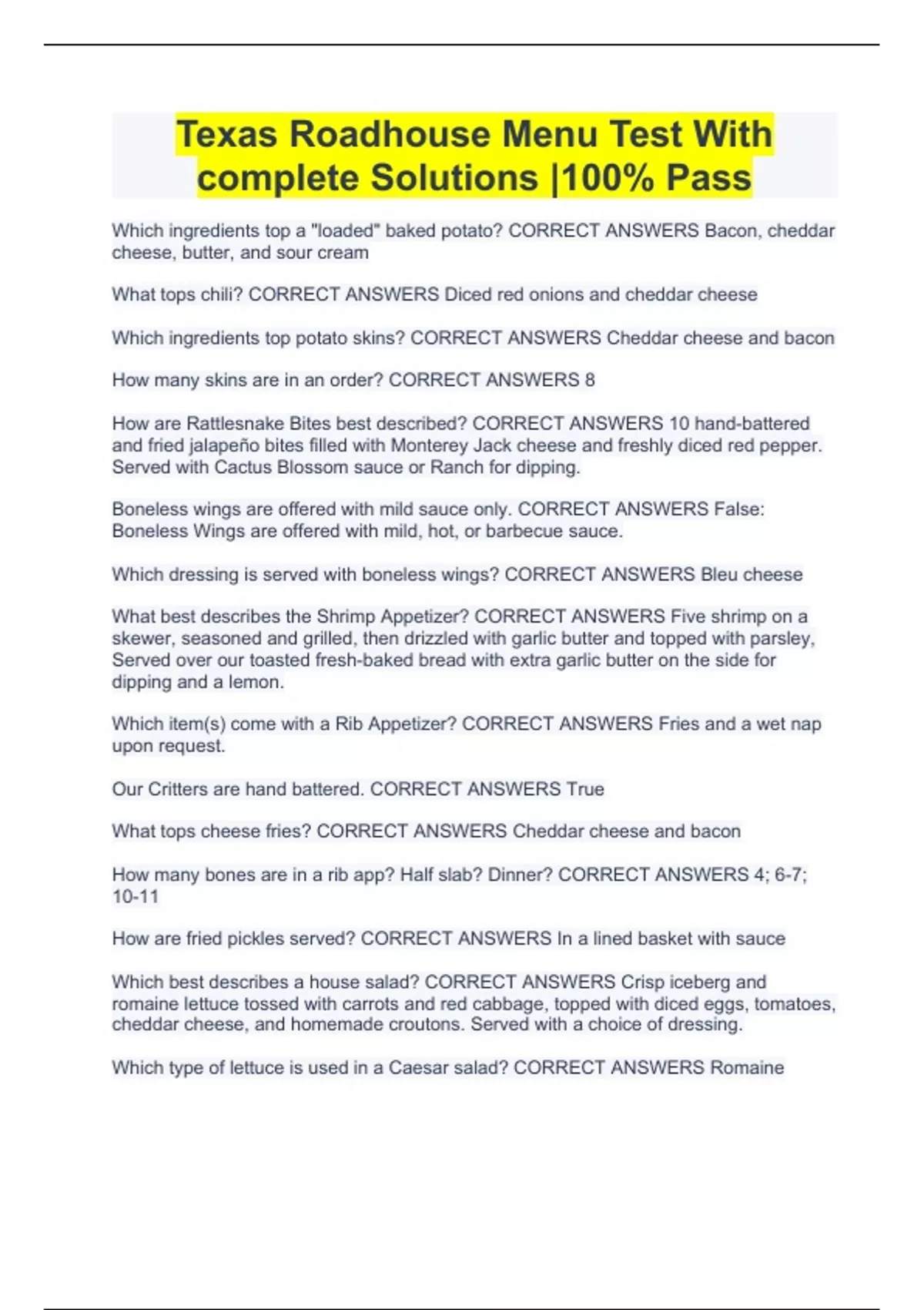 Texas Roadhouse Menu Test With complete Solutions 100 Pass Texas roadhouse Stuvia US