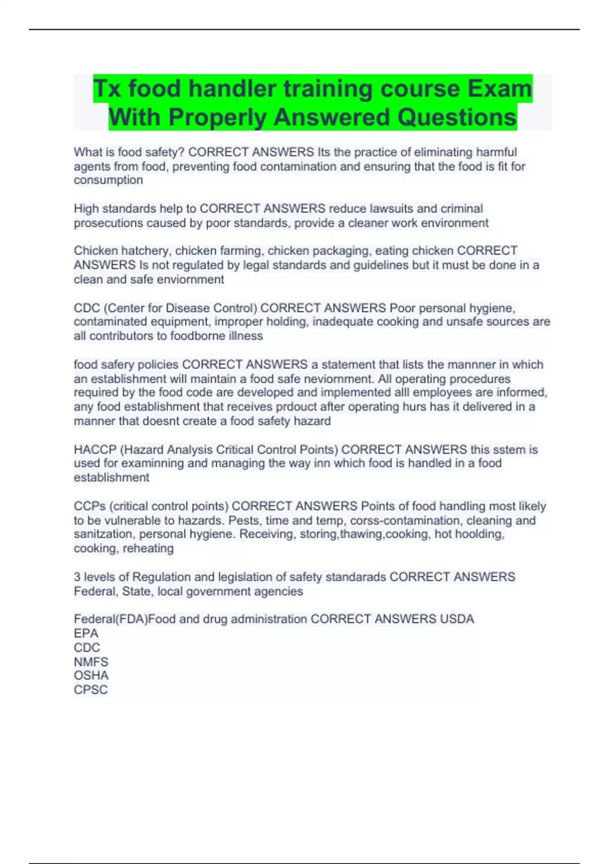 Tx food handler training course Exam With Properly Answered Questions