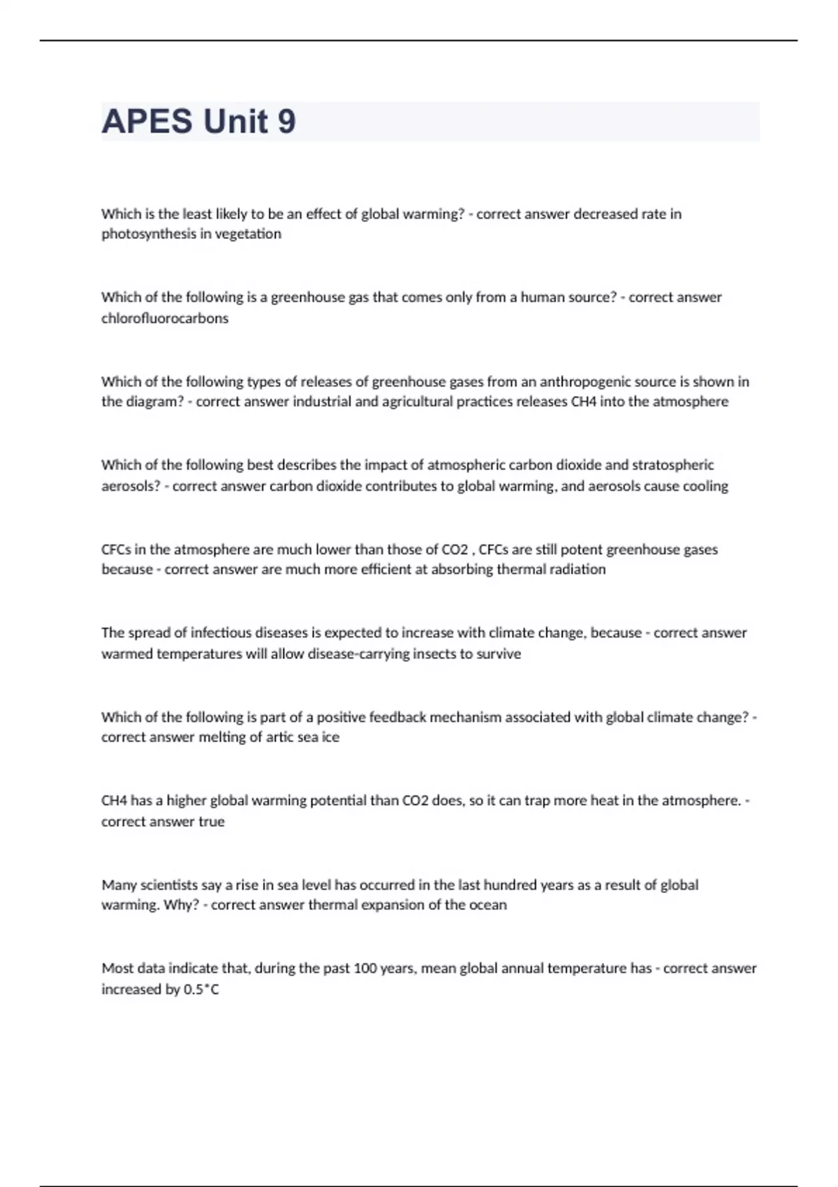 APES Unit 9 question n answers rated A+ 2023/2024 Apes Stuvia US