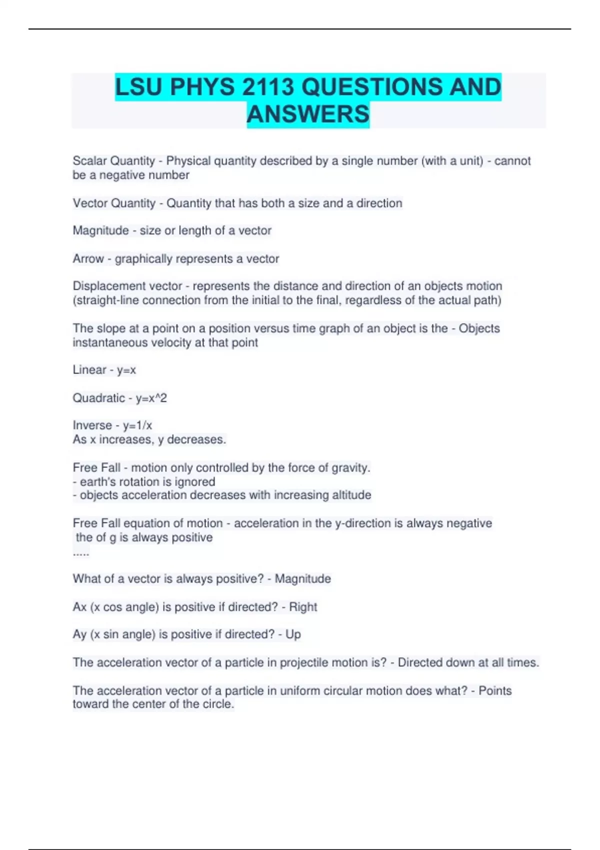 LSU PHY 2113 Test 1 - Chao Wang questions and answers - Stuvia US