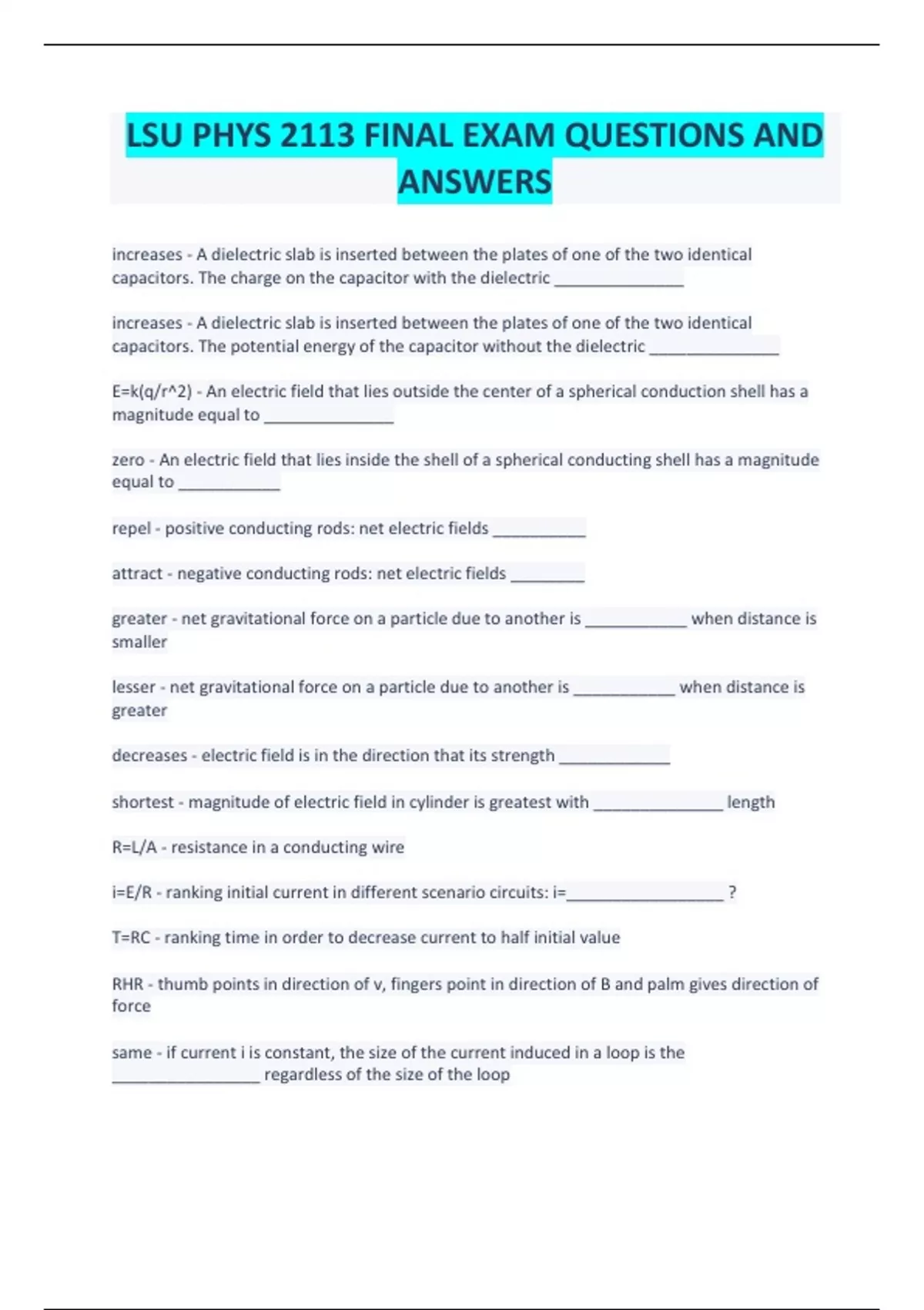 LSU PHYS 2113 FINAL EXAM QUESTIONS AND ANSWERS - Stuvia US