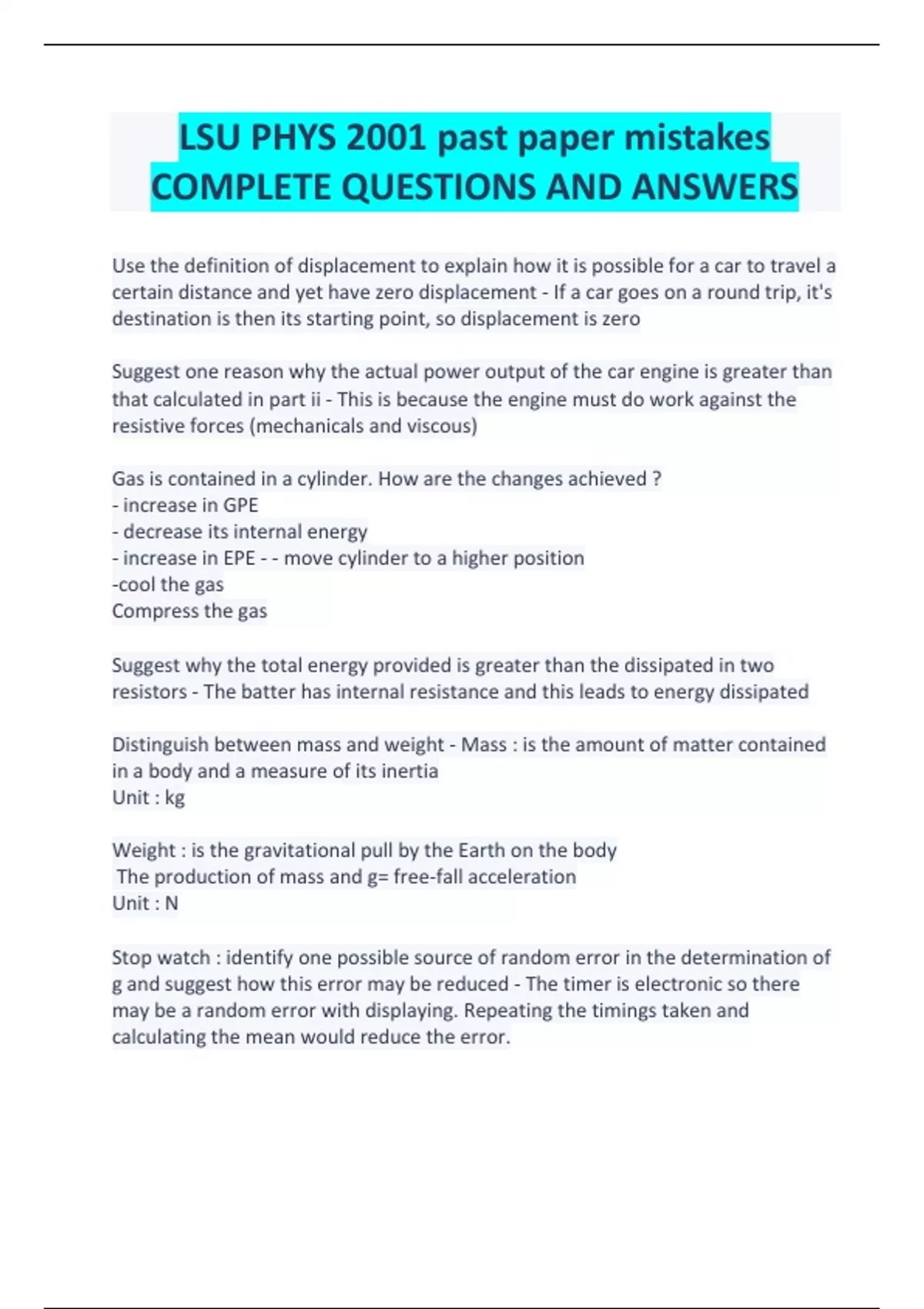 LSU PHYS 2001 past paper mistakes COMPLETE QUESTIONS AND ANSWERS ...