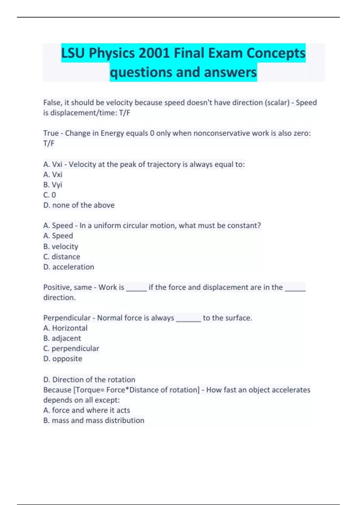 LSU Physics 2001 Final Exam Concepts questions and answers - Stuvia US
