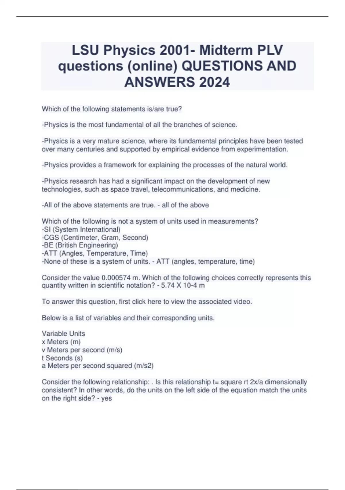 LSU Physics 2001- Midterm PLV questions (online) QUESTIONS AND ANSWERS ...
