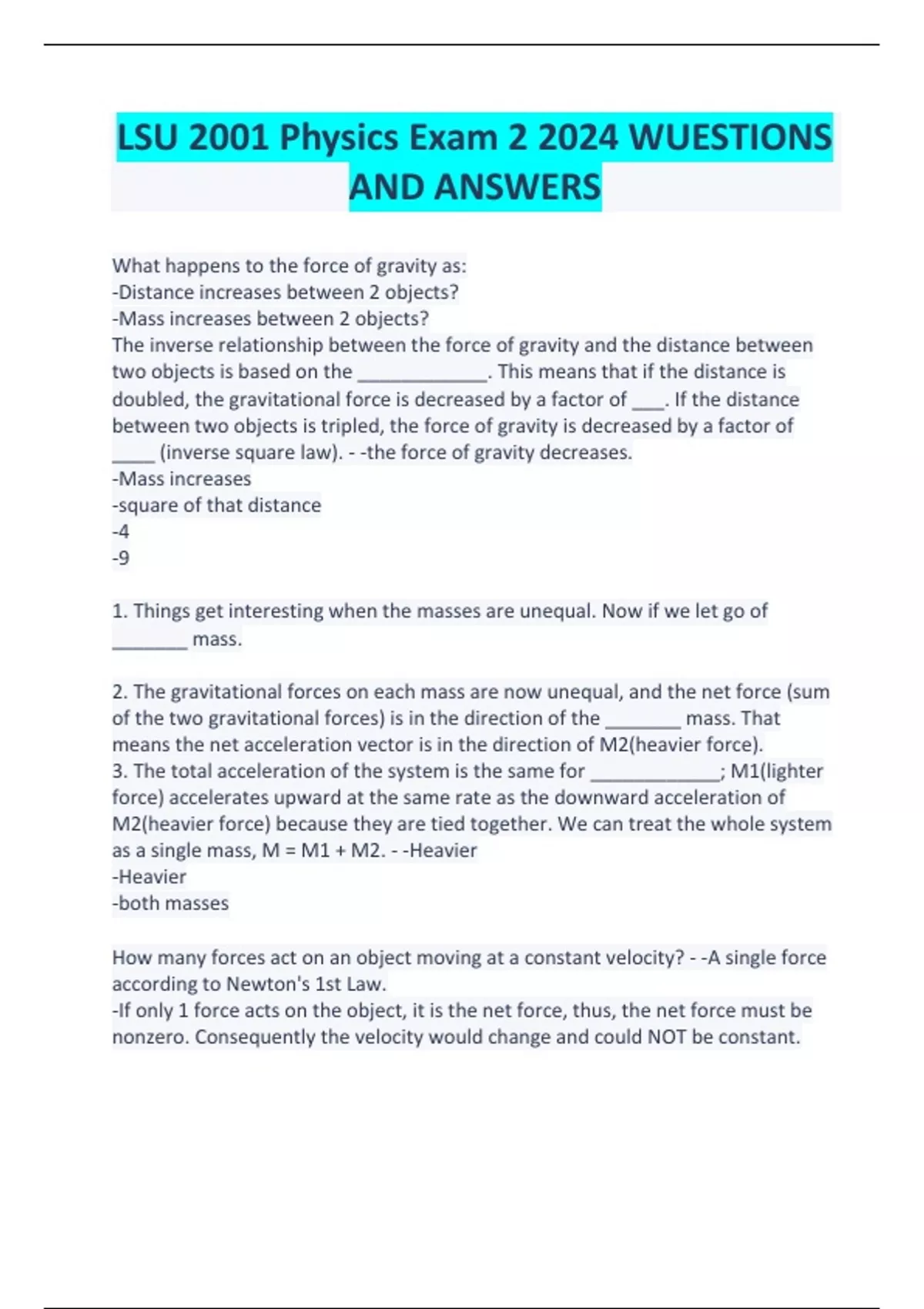 LSU 2001 Physics Exam 2 2024 QUESTIONS AND ANSWERS - Stuvia US