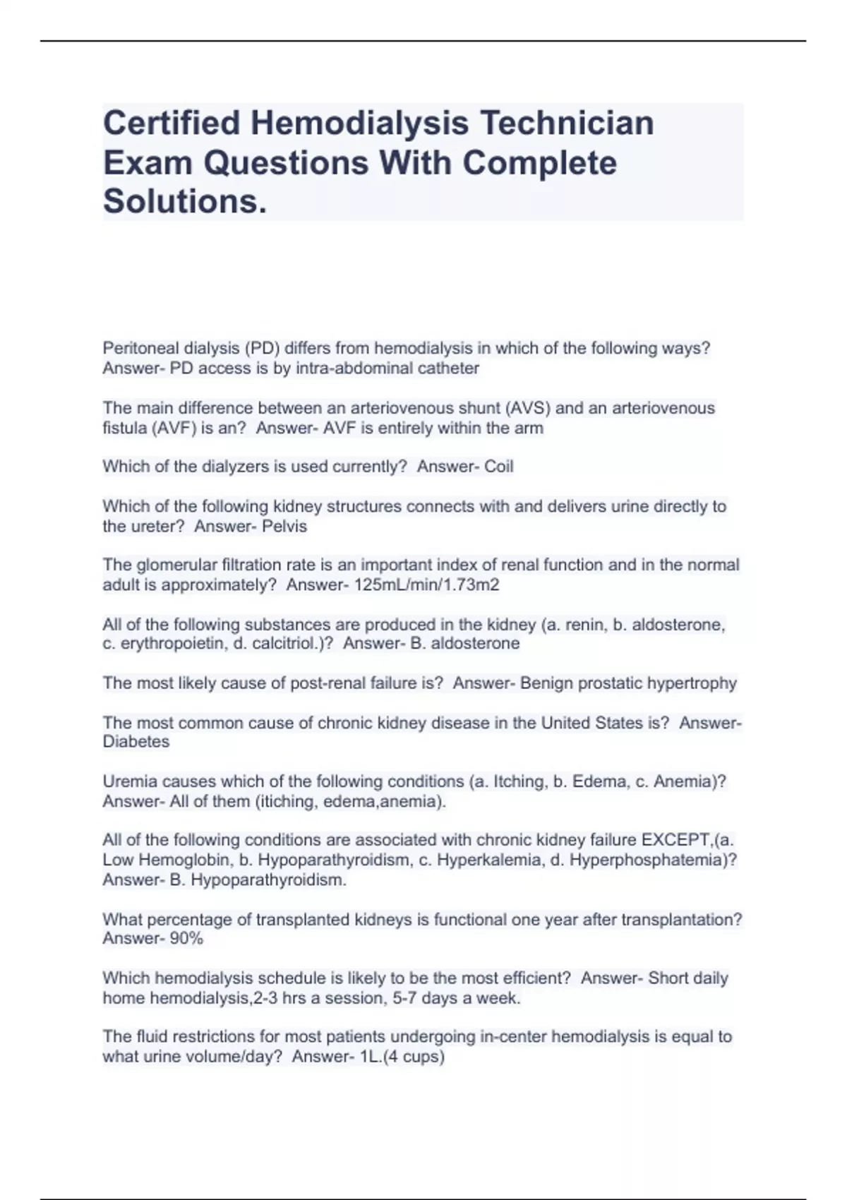 Certified Hemodialysis Technician Exam Questions With Complete
