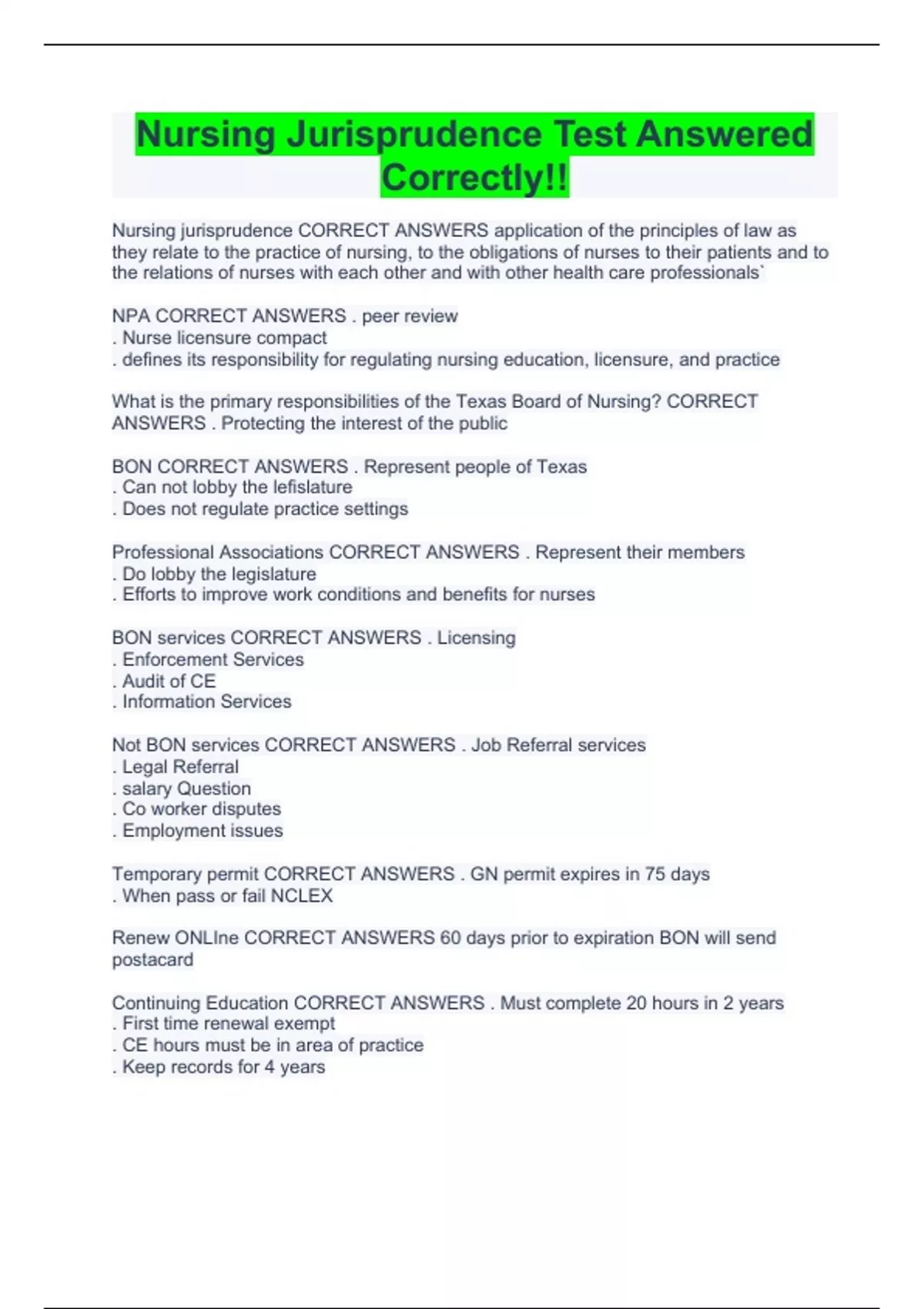 Nursing Jurisprudence Test Answered Correctly!! Texas nurse judical