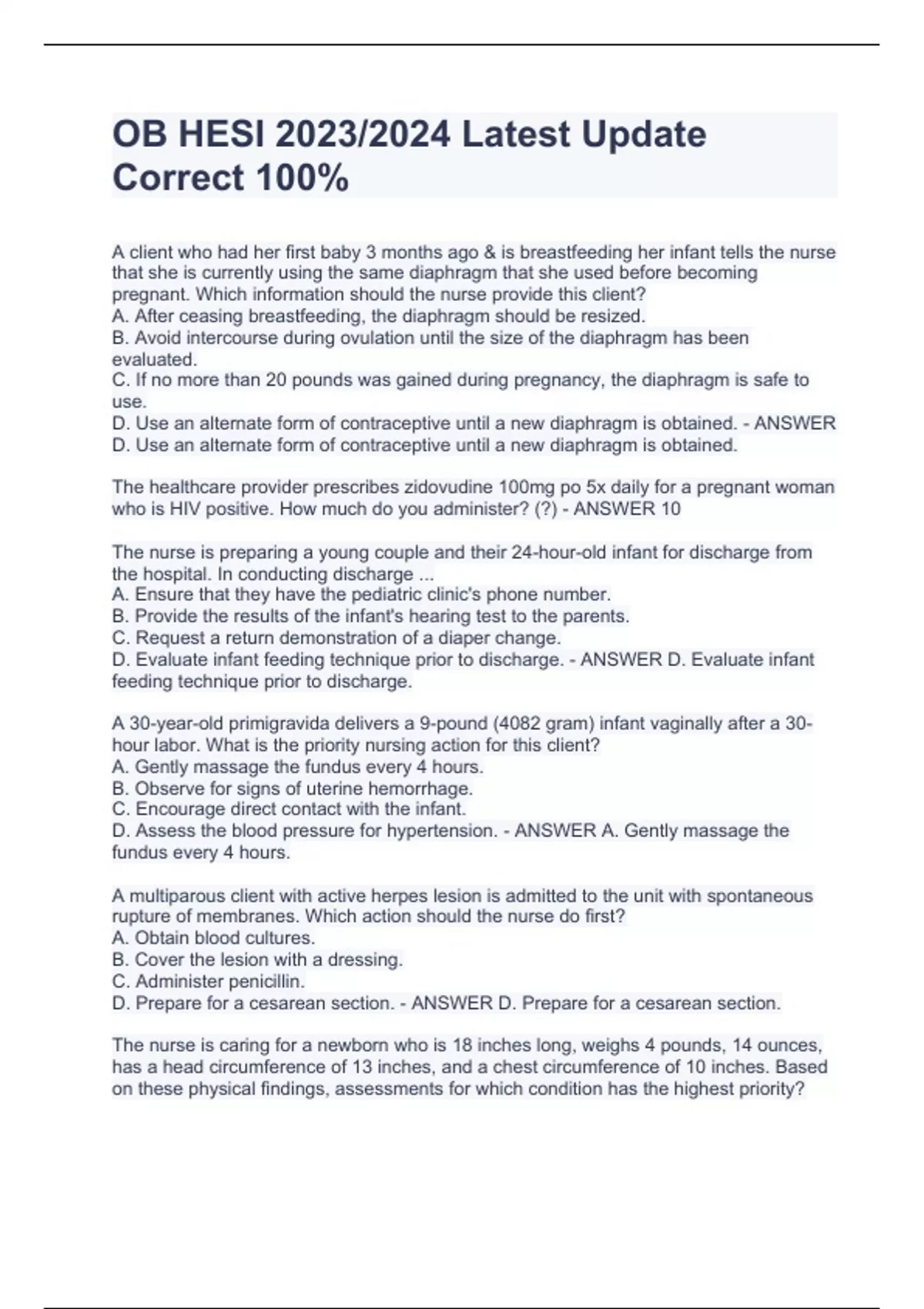 OB HESI 2023/2024 Latest Update Correct 100% - OB HESI - Stuvia US