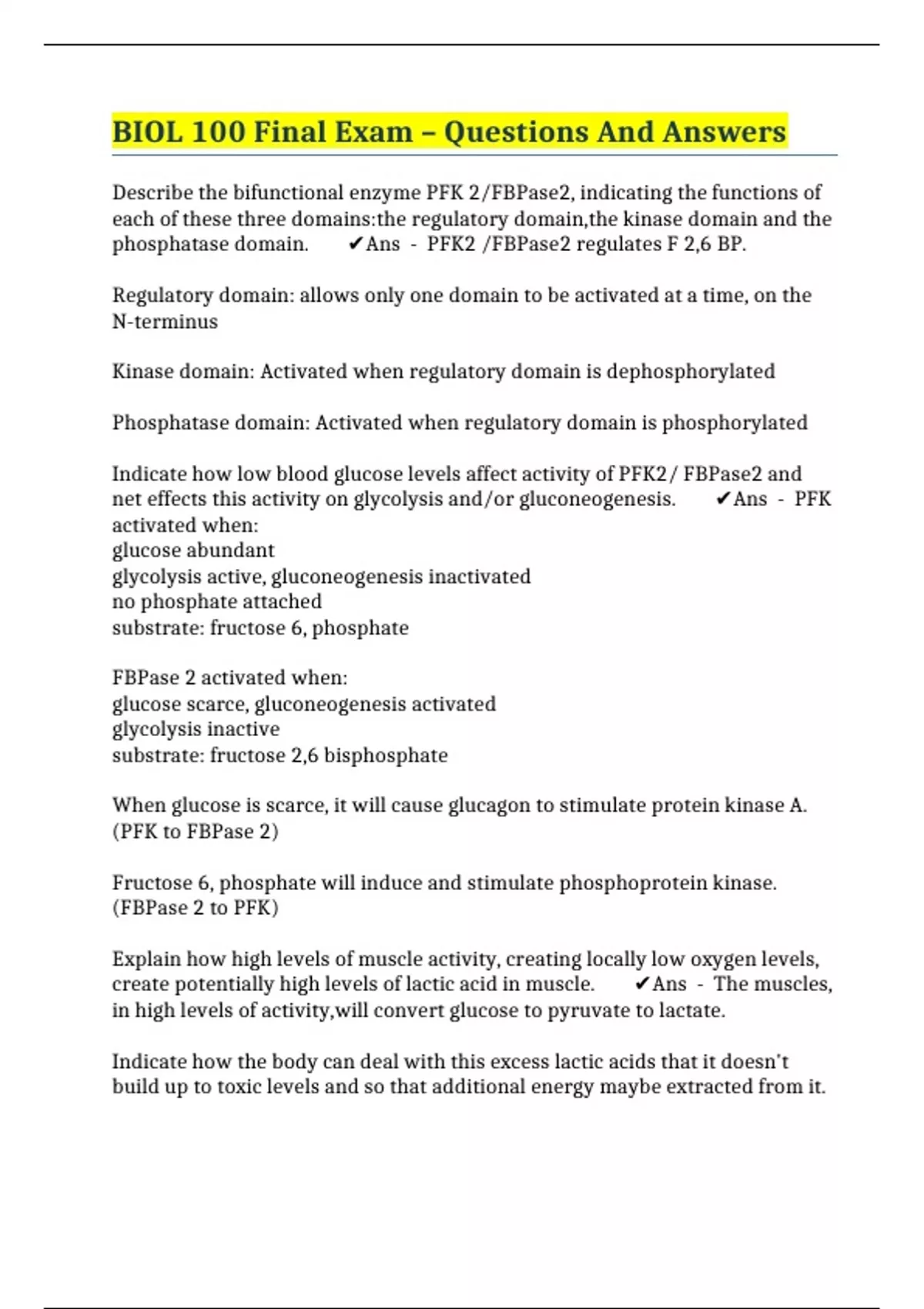 BIOL 100 Final Exam – Questions And Answers - BIOL 100 - Stuvia US