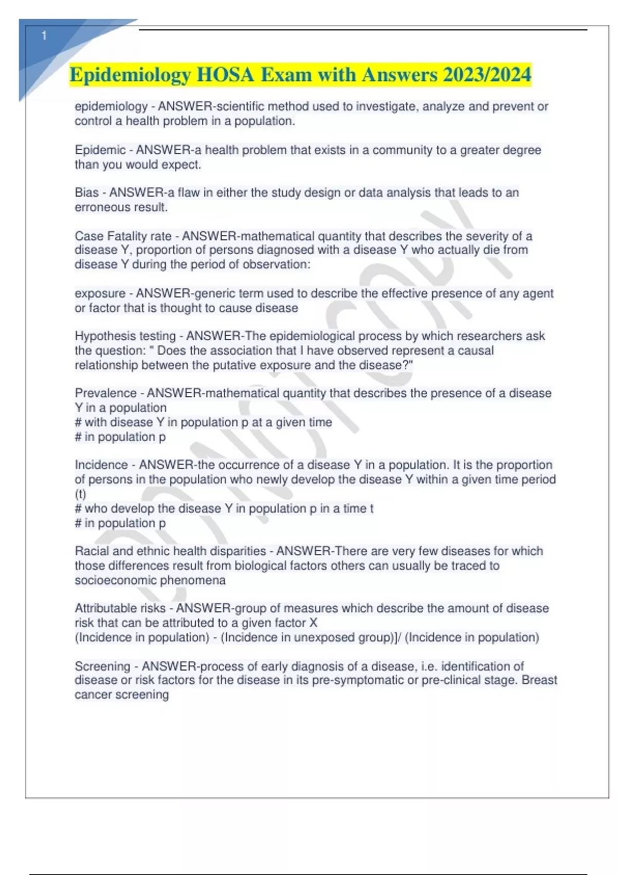 Epidemiology HOSA Exam with Answers 2023/2024 Epidemiology HOSA