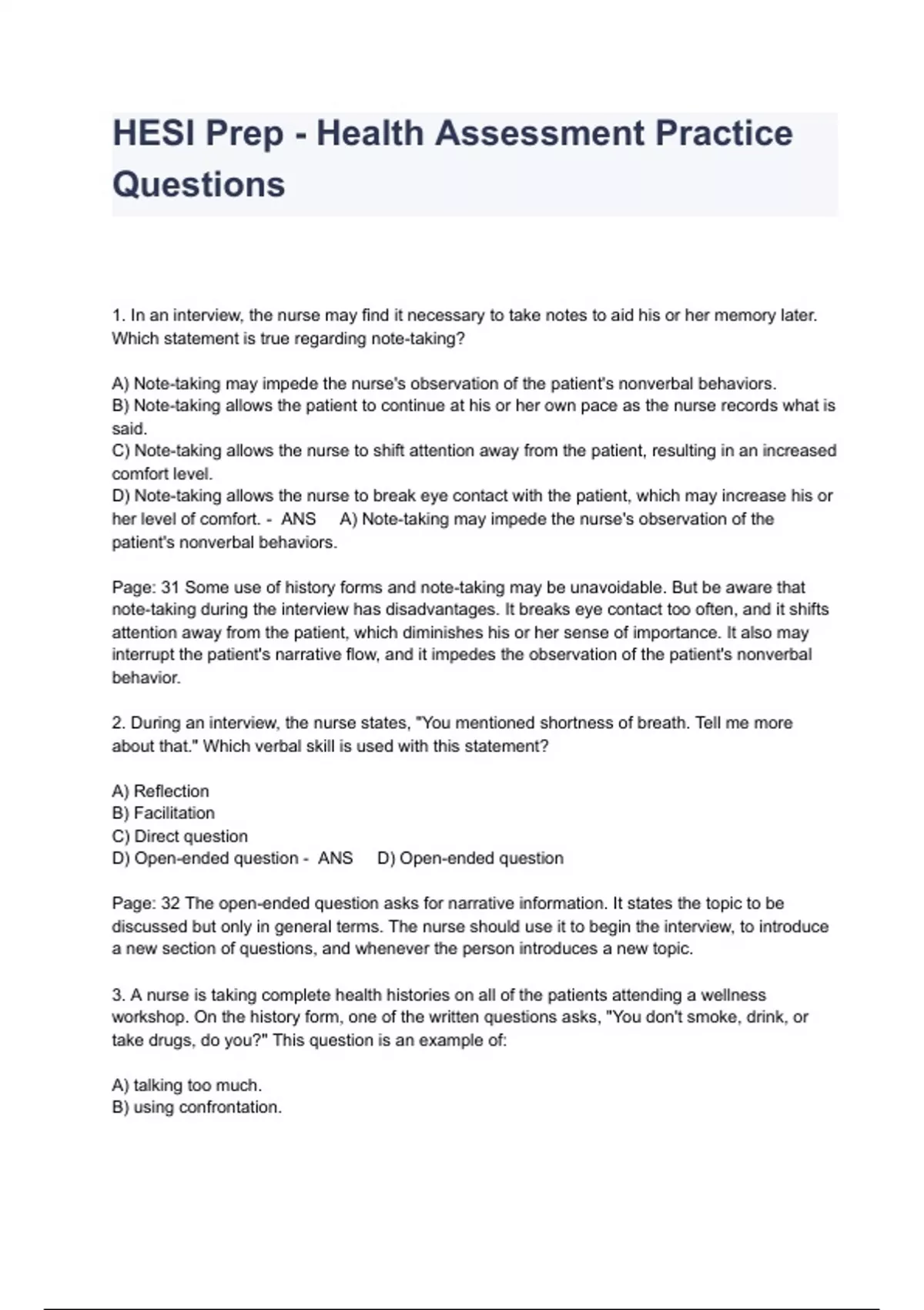 HESI Prep Health Assessment Practice Questions And Answers All