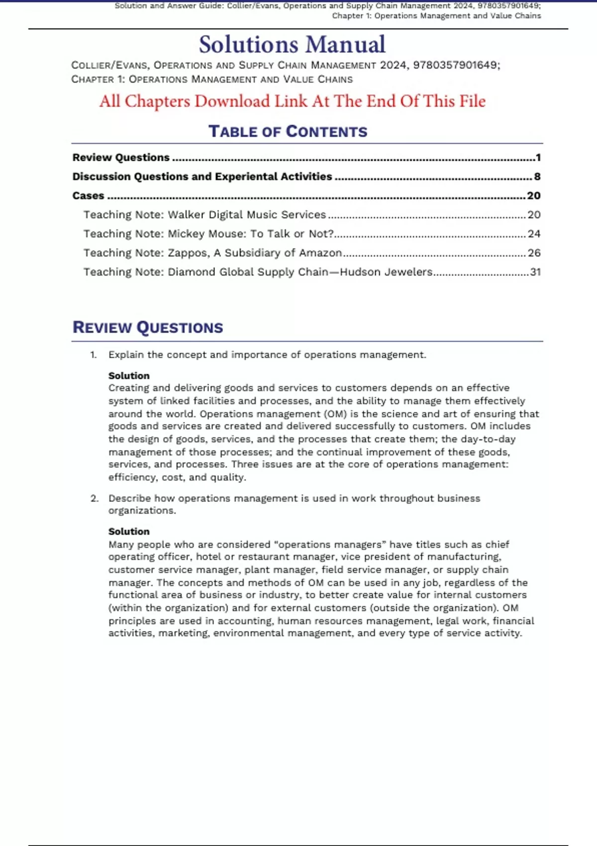 Solutions Manual for Operations and Supply Chain Management 3rd Edition ...