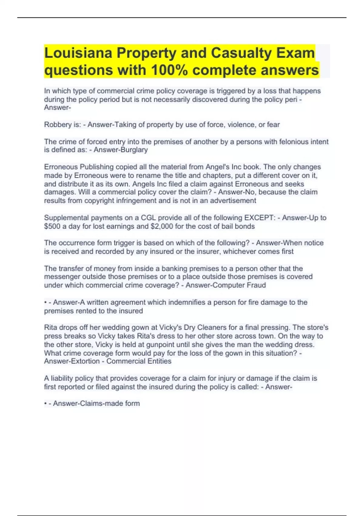 Louisiana Property and Casualty Exam questions with 100 complete