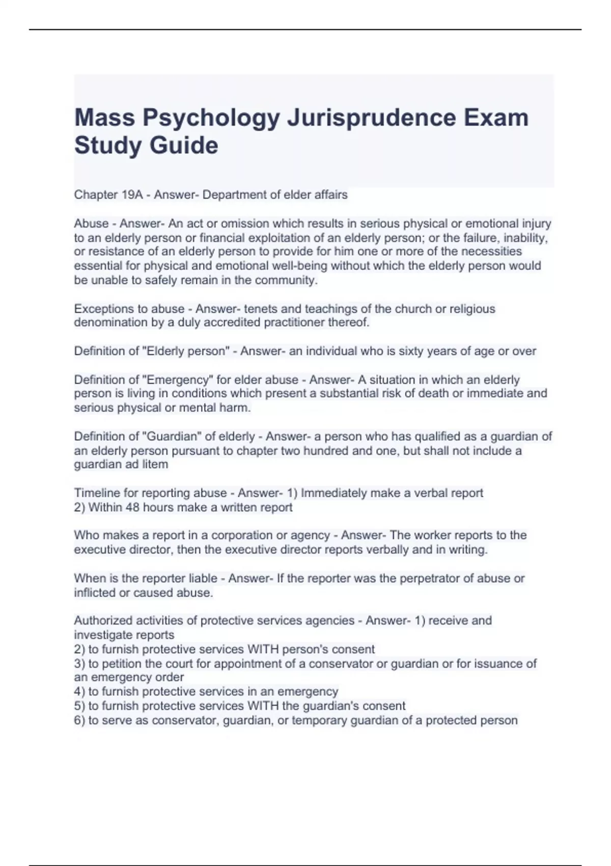 Mass Psychology Jurisprudence Exam Study Guide latest updated