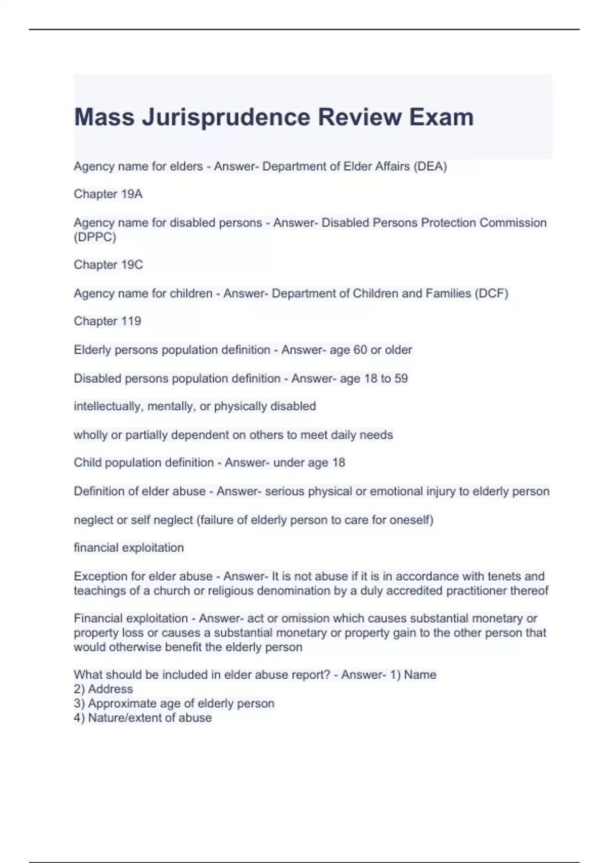 Mass Jurisprudence Review Exam Questions and Answers Massachusetts