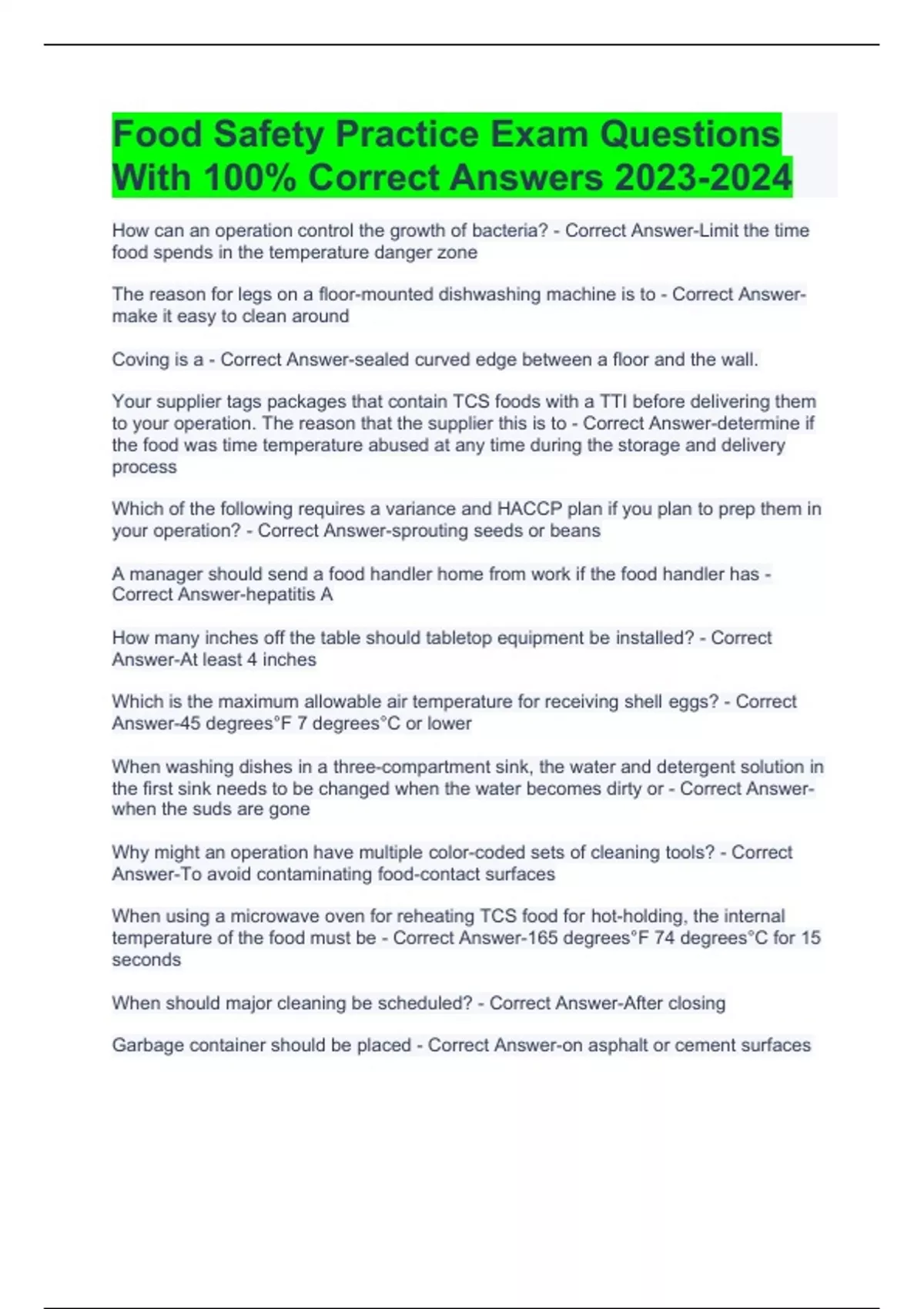 Food Safety Practice Exam Questions With 100 Correct Answers Food