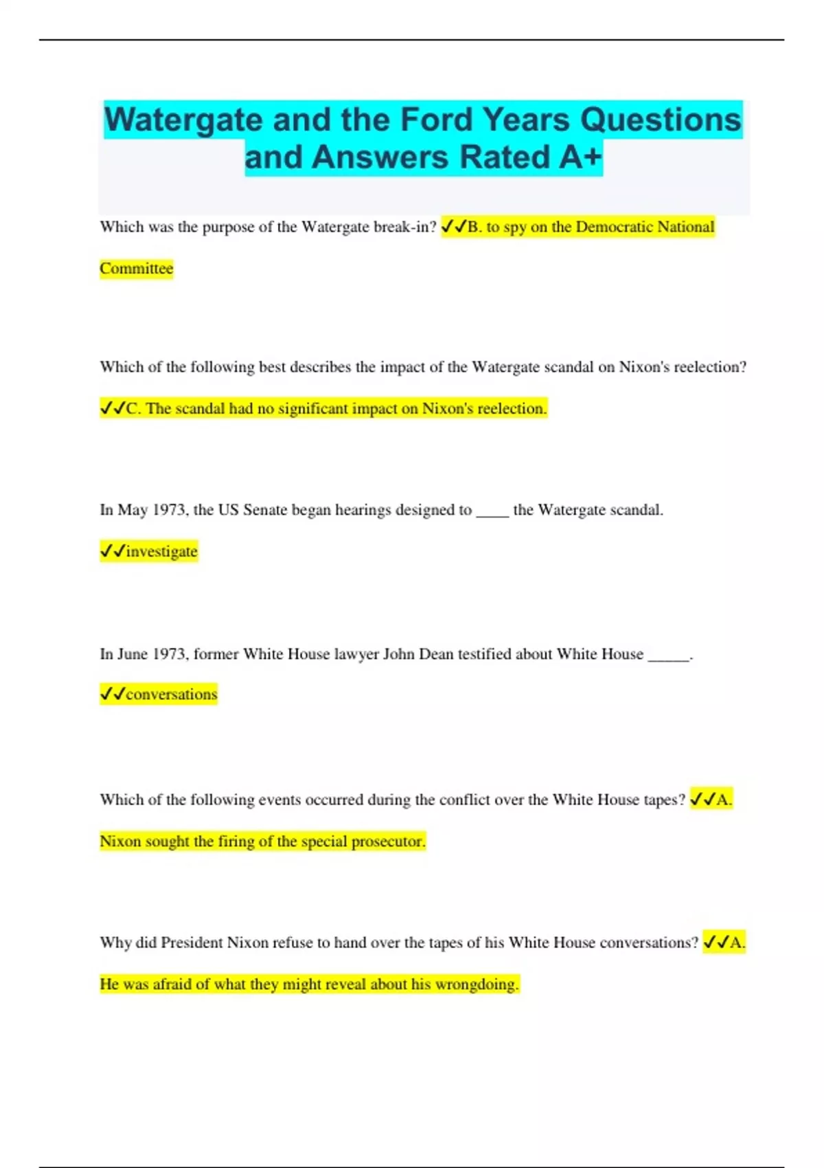 Watergate and the Ford Years Questions and Answers Rated A+ Stuvia US
