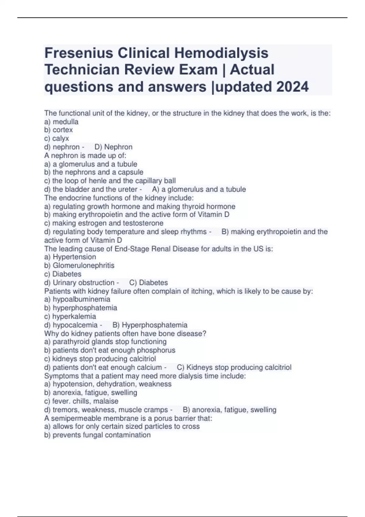 Fresenius Clinical Hemodialysis Technician Review Exam Actual