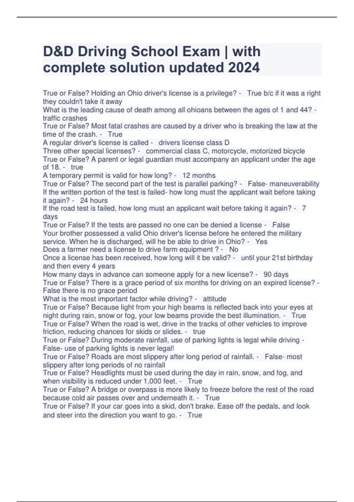 D&D Driving School Exam with complete solution updated 2024 D&D