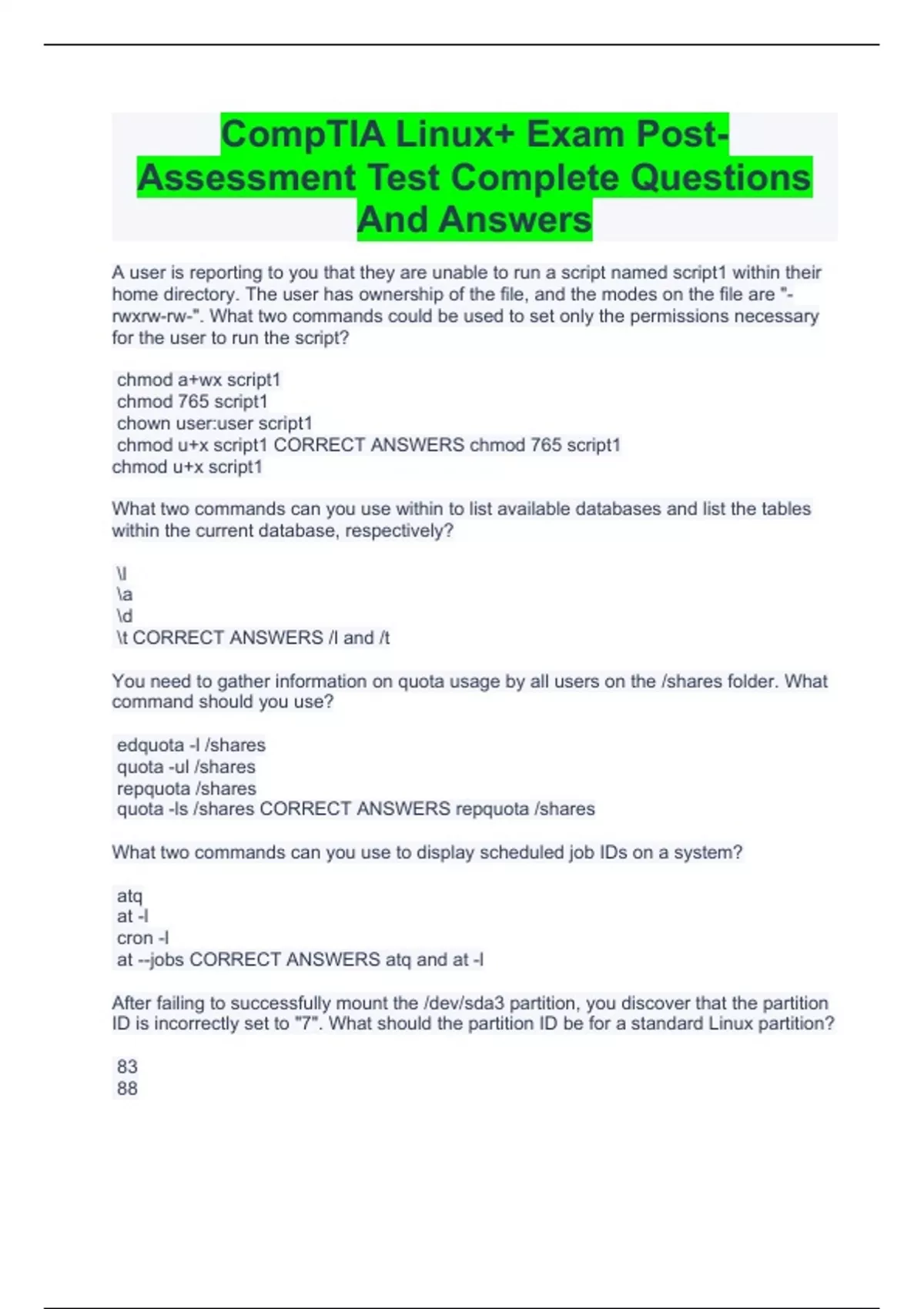 CompTIA Linux+ Exam Post-Assessment Test Complete Questions And Answers ...