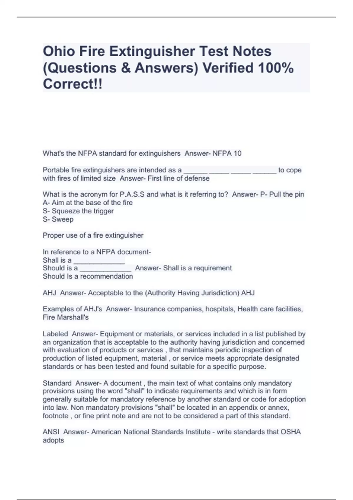 Ohio Fire Extinguisher Test Notes (Questions & Answers) Verified 100