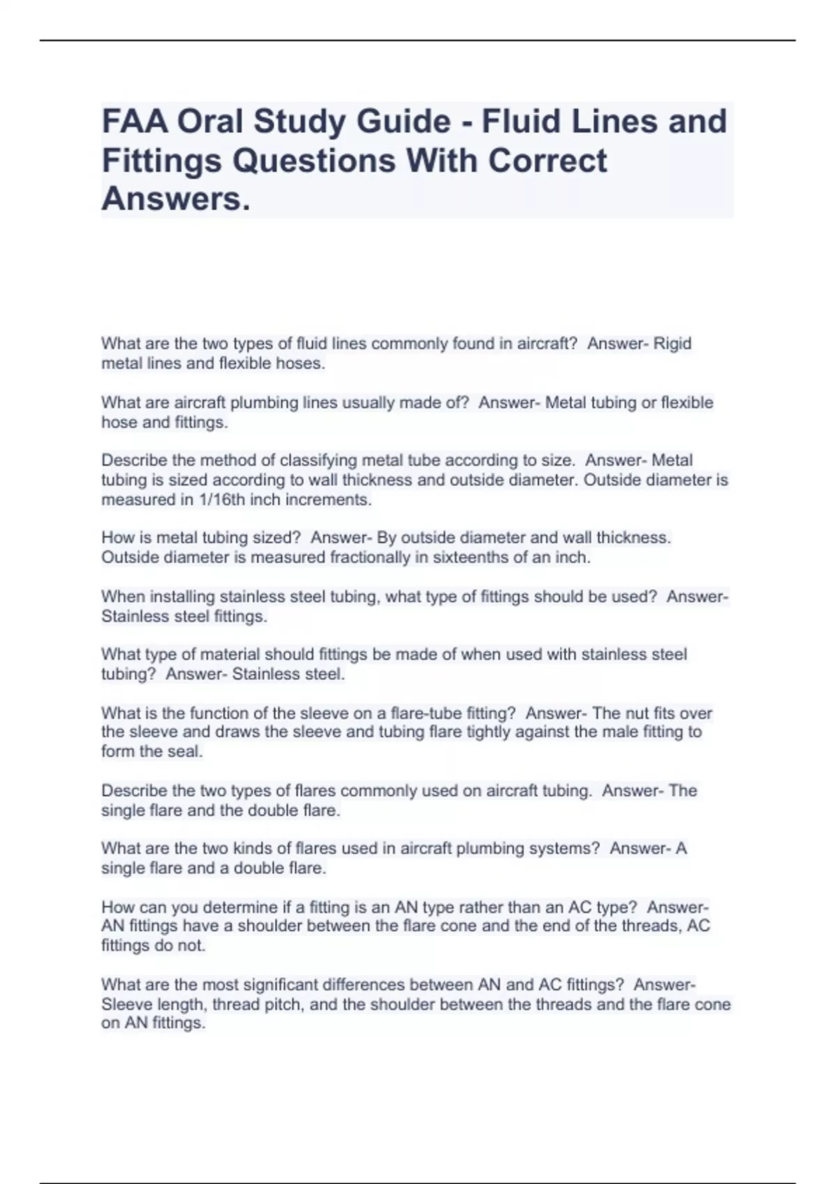 FAA Oral Study Guide Fluid Lines and Fittings Questions With Correct