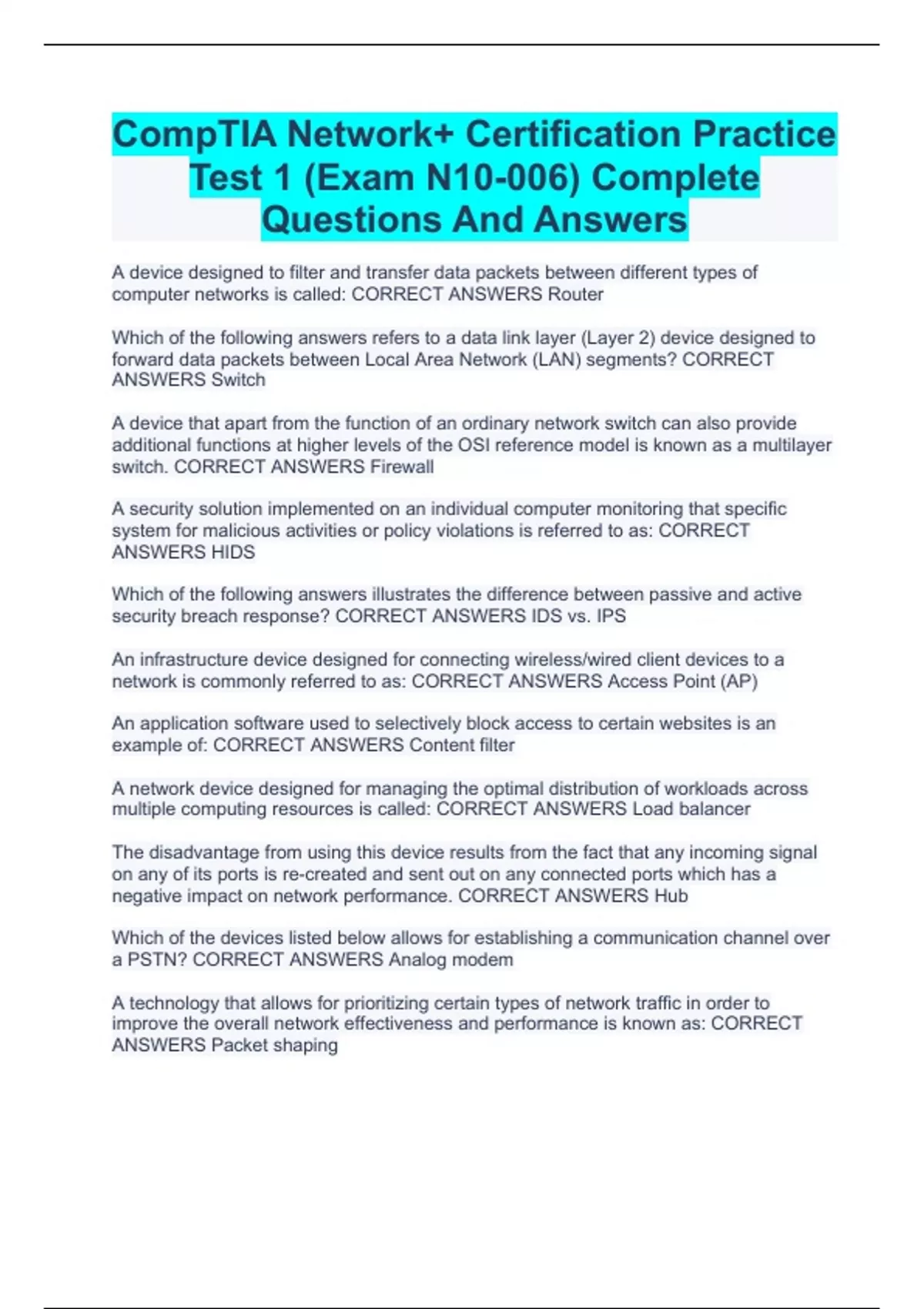 CompTIA Network+ Certification Practice Test 1 (Exam N10006) Complete