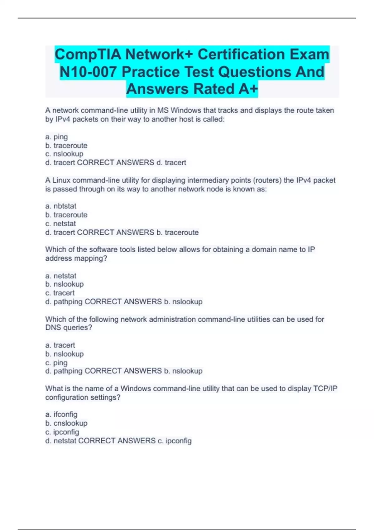 CompTIA Network+ Certification Exam N10007 Practice Test Questions And