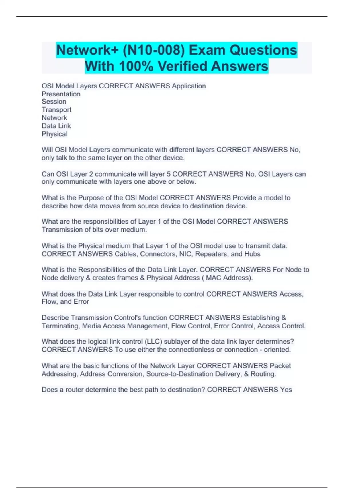 Network+ (N10-008) Exam Questions With 100% Verified Answers - CompTIA ...