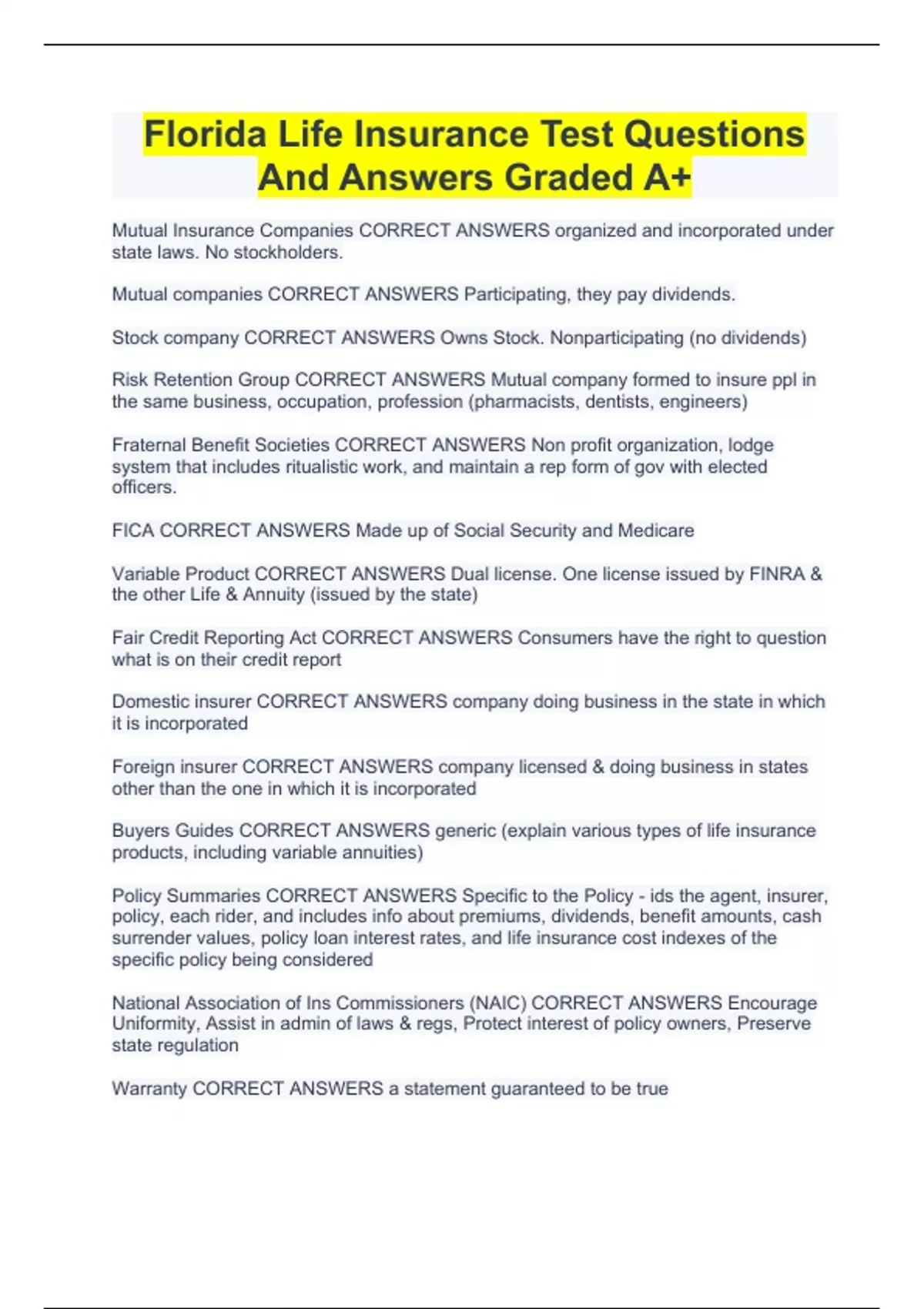 Florida Life Insurance Test Questions And Answers Graded A+ Stuvia US