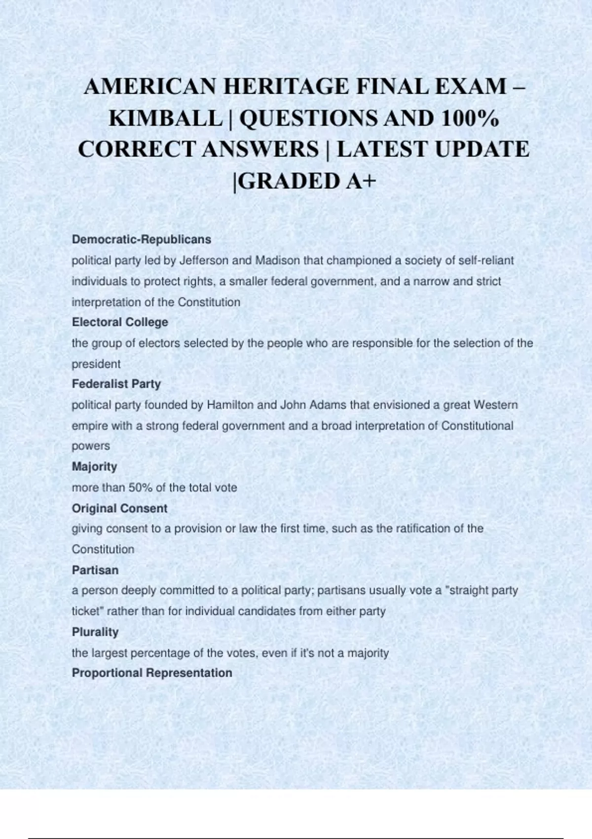 AMERICAN HERITAGE FINAL EXAM – KIMBALL | QUESTIONS AND 100% CORRECT ANSWERS | LATEST UPDATE ...