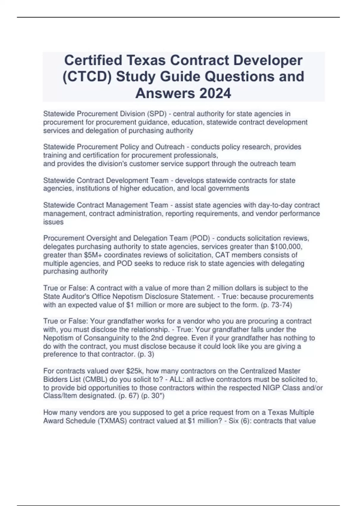 Certified Texas Contract Developer (CTCD) Study Guide Questions and ...