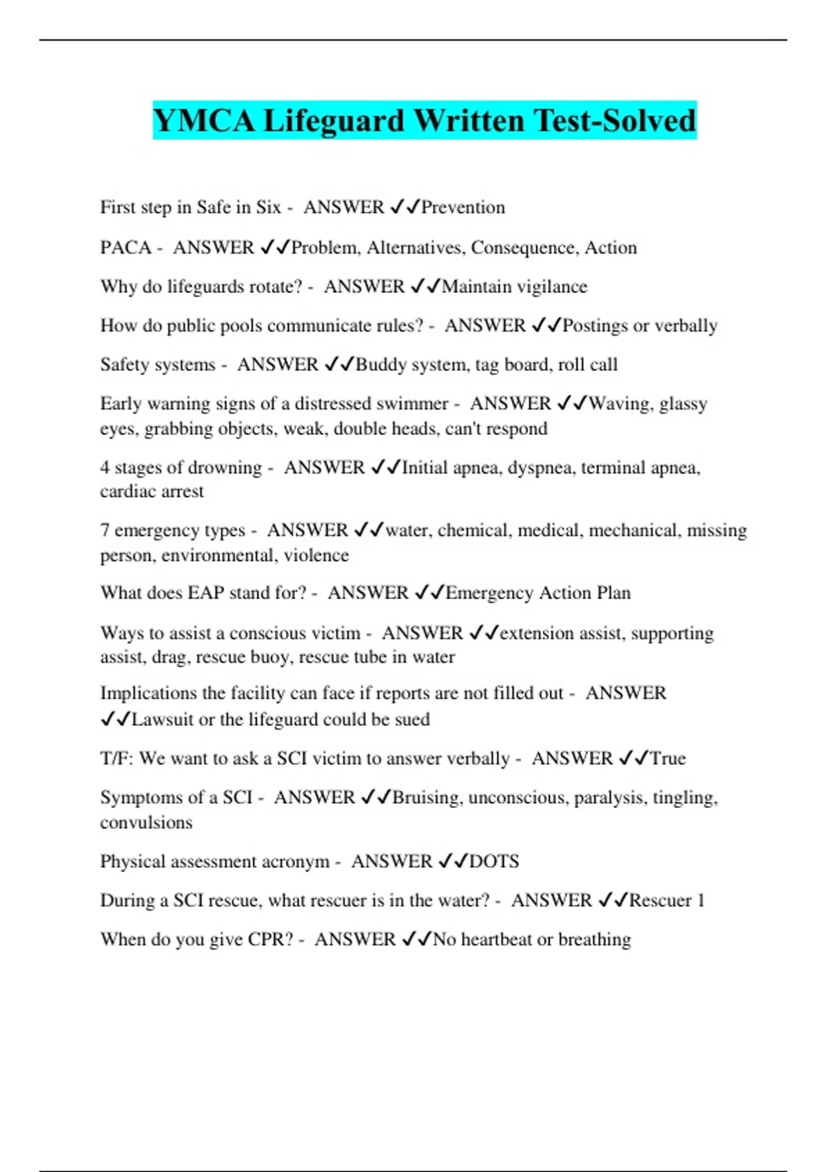 YMCA Lifeguarding Written Test Terms Chapter 1 Exam Questions and