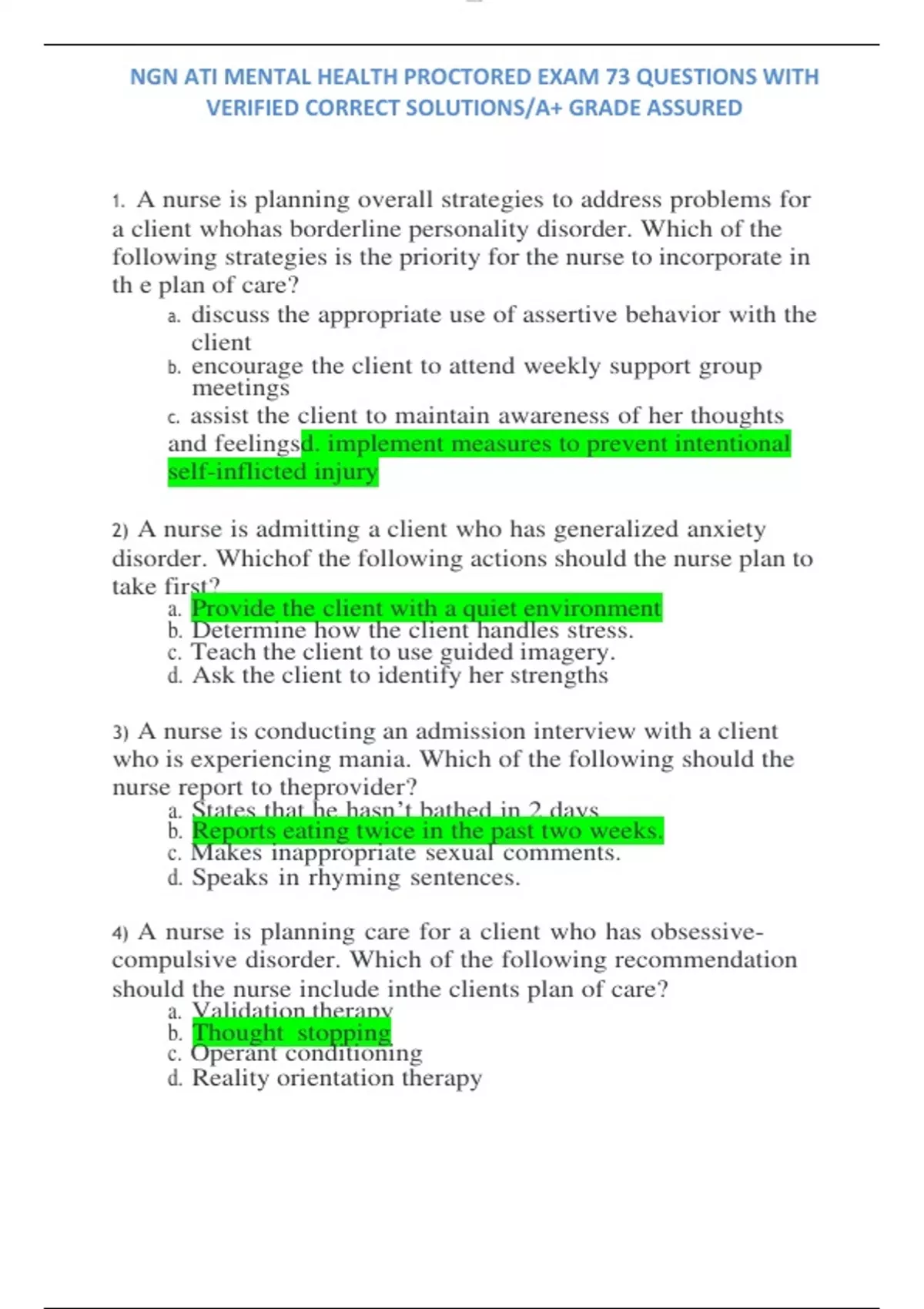 Practical Questions Session 73 NGN ATI MENTAL HEALTH PROCTORED EXAM 73 QUESTIONS WITH VERIFIED CORRECT ...