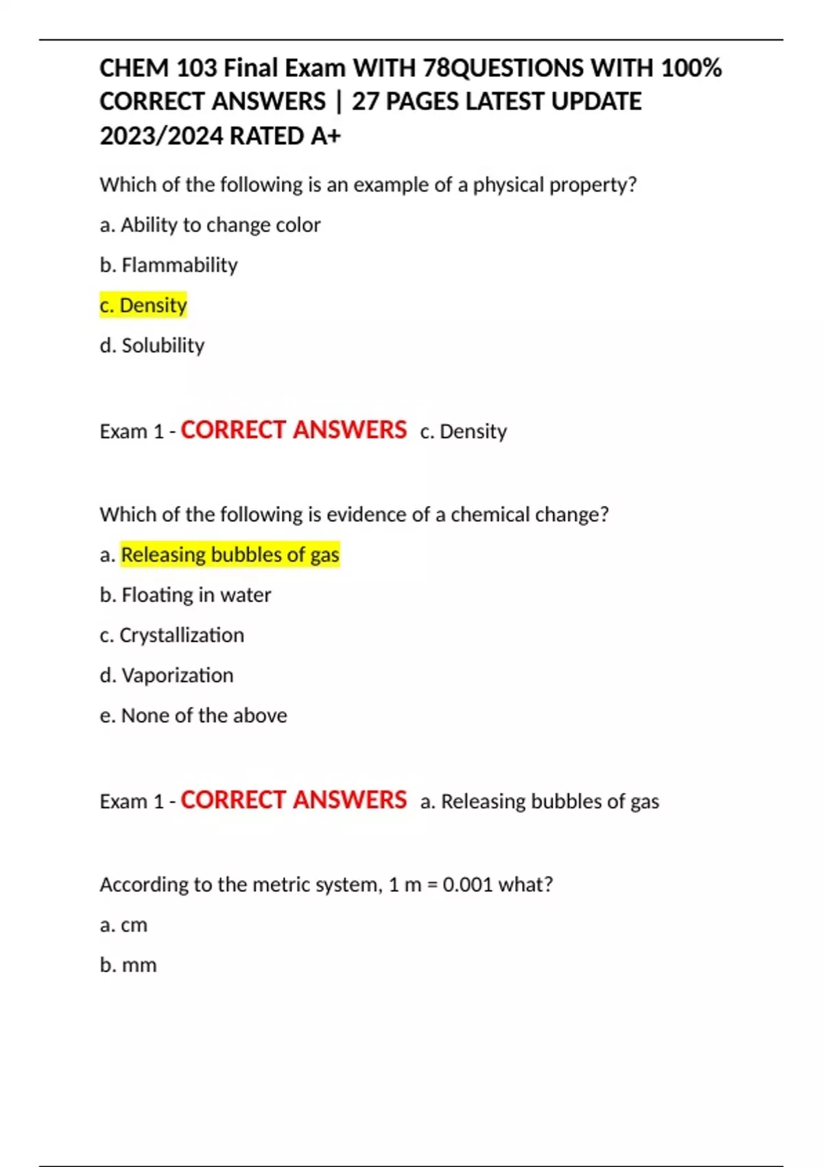 CHEM 103 Final Exam WITH 78QUESTIONS WITH 100% CORRECT ANSWERS | 27 ...