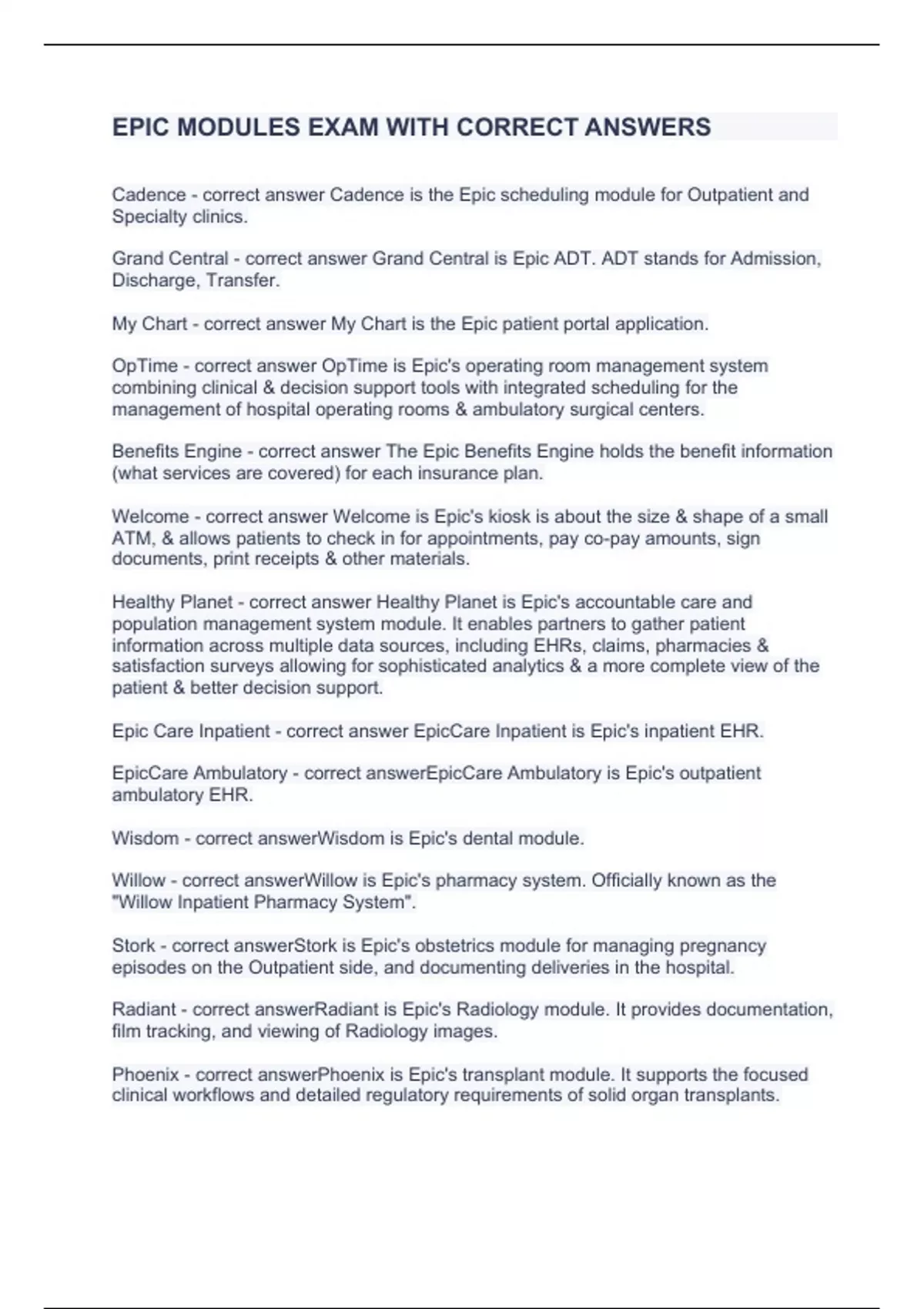 EPIC MODULES EXAM WITH CORRECT ANSWERS Stuvia US