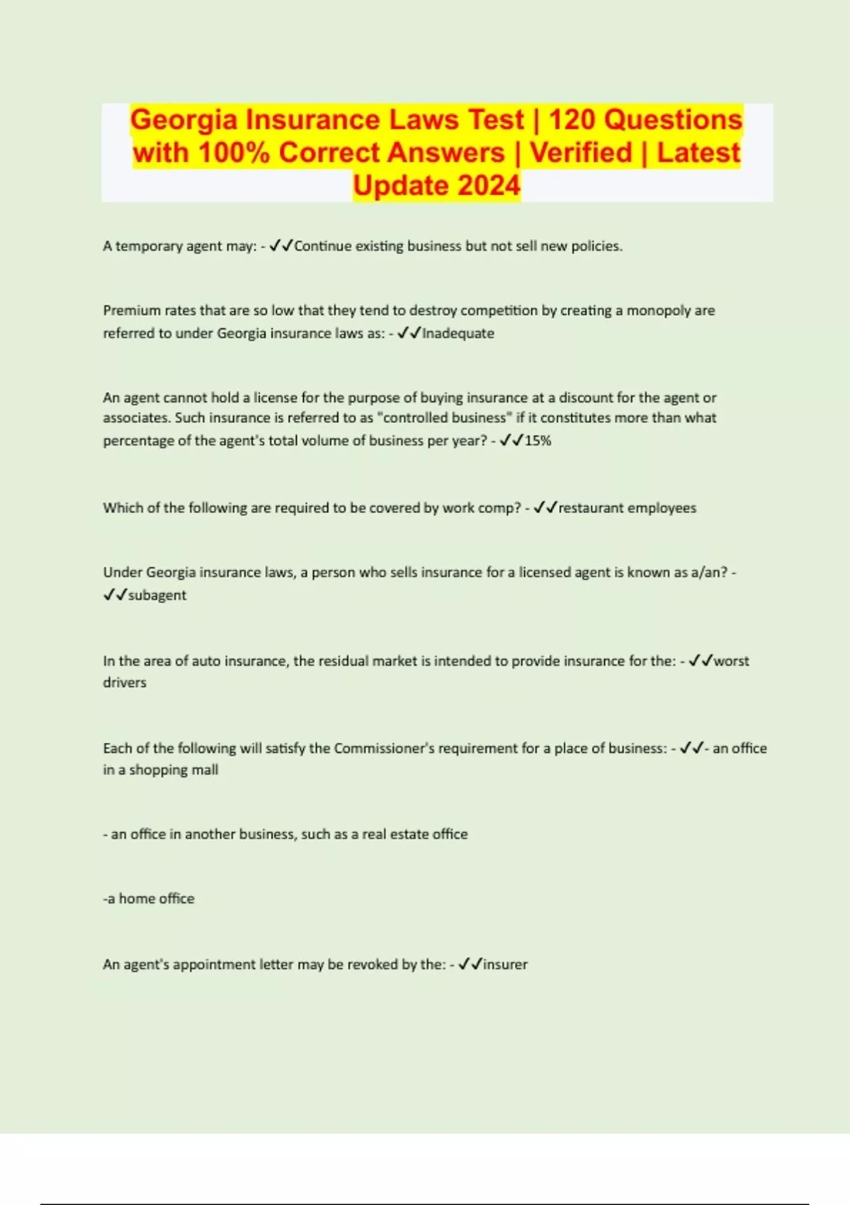 Insurance Laws Test 120 Questions with 100 Correct Answers