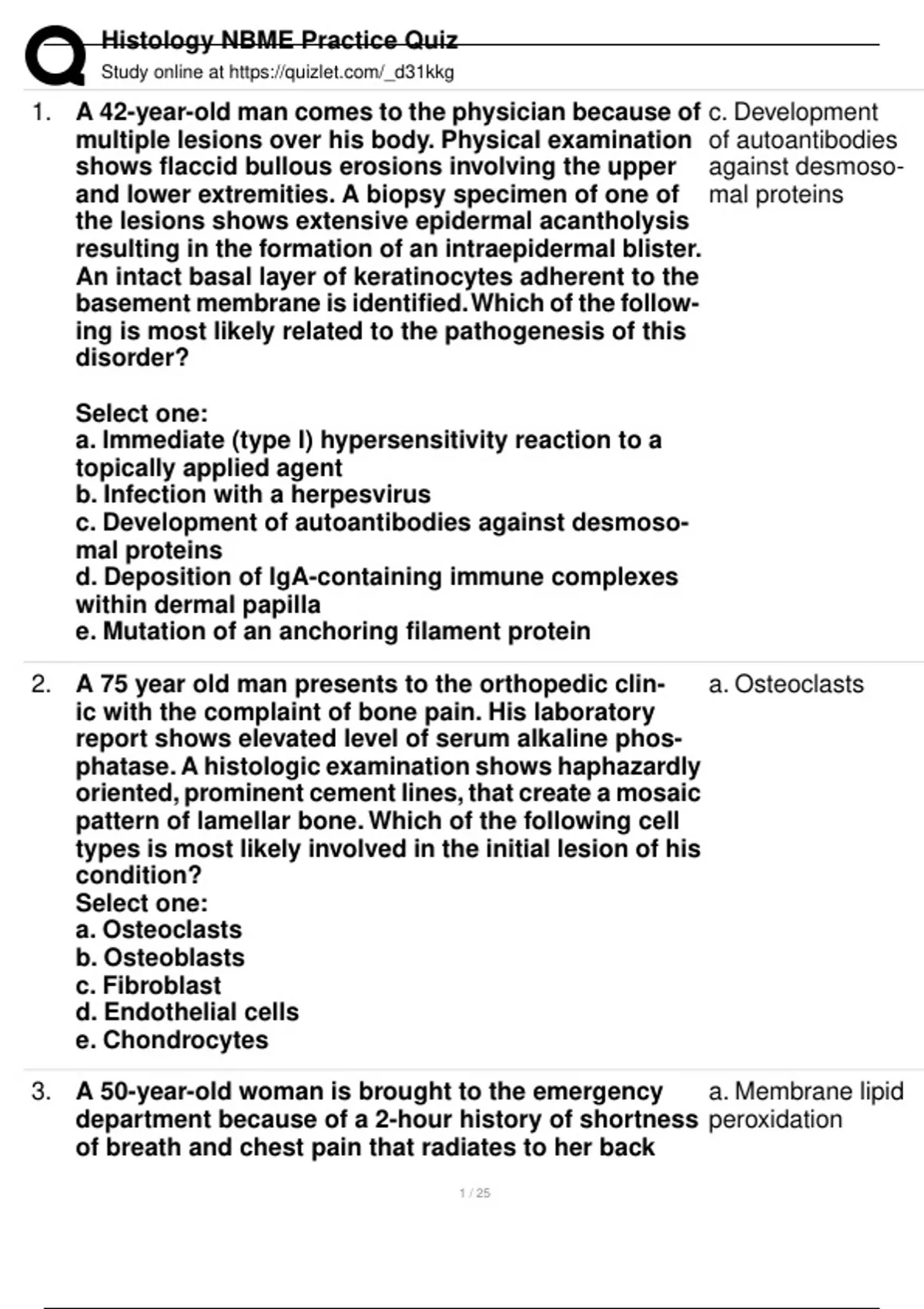 Histology NBME Practice Quiz (Rangraj provided) Questions & Answers