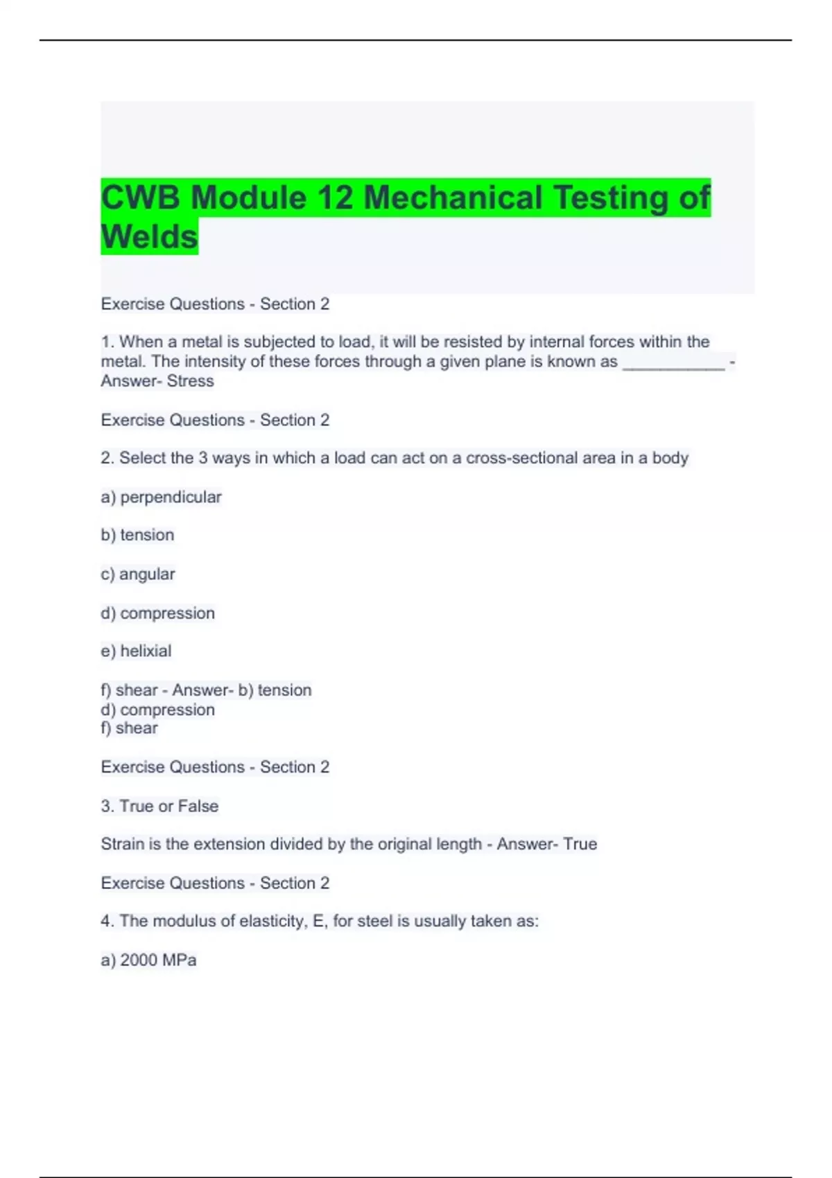 CWB Module 12 Mechanical Testing of Welds Questions and Answers - CWB ...