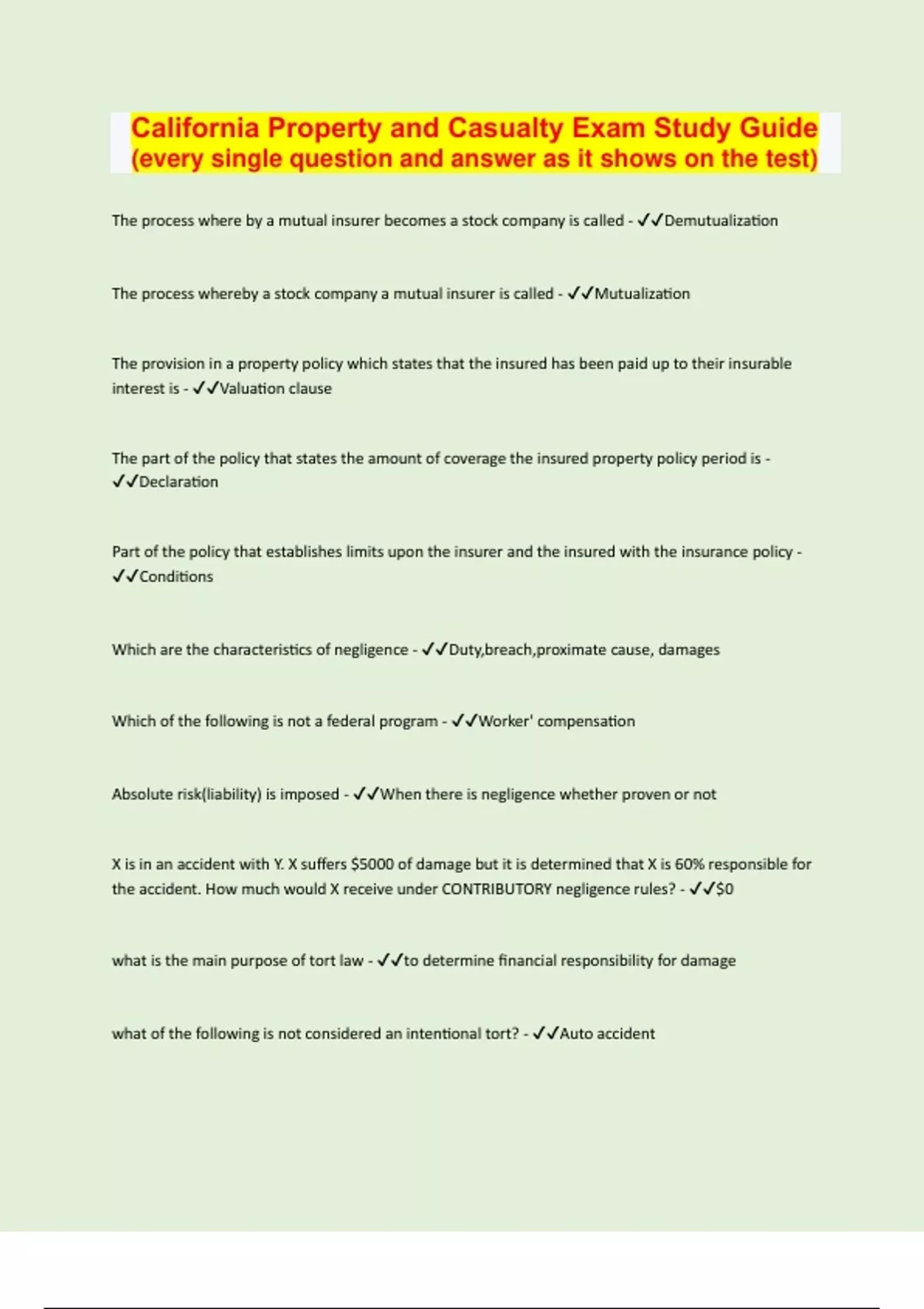 California Property and Casualty Exam Study Guide (every single