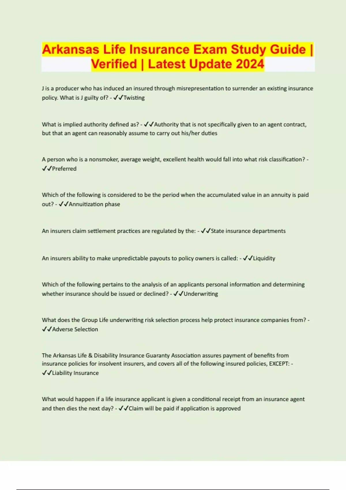 Arkansas Life Insurance Exam Study Guide Verified Latest Update