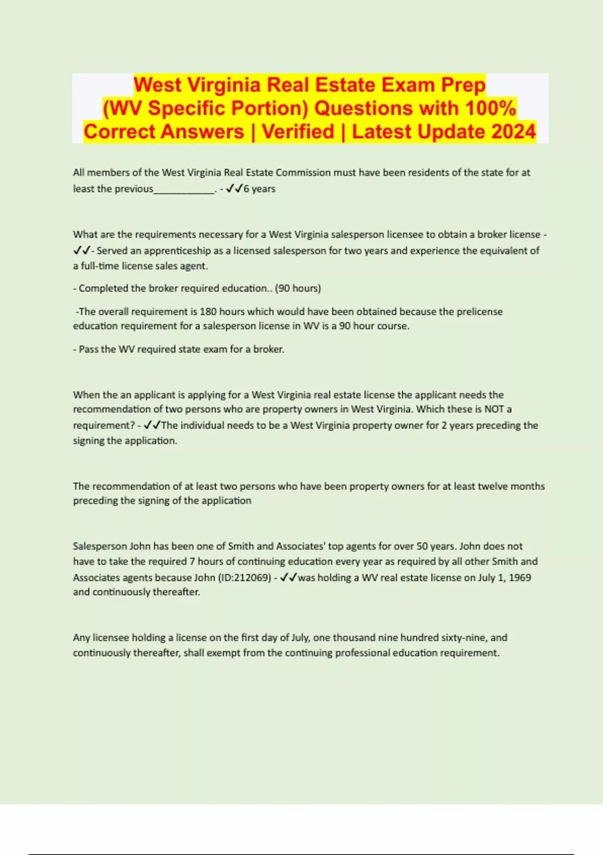 West Virginia Real Estate Exam Prep (WV Specific Portion) Questions