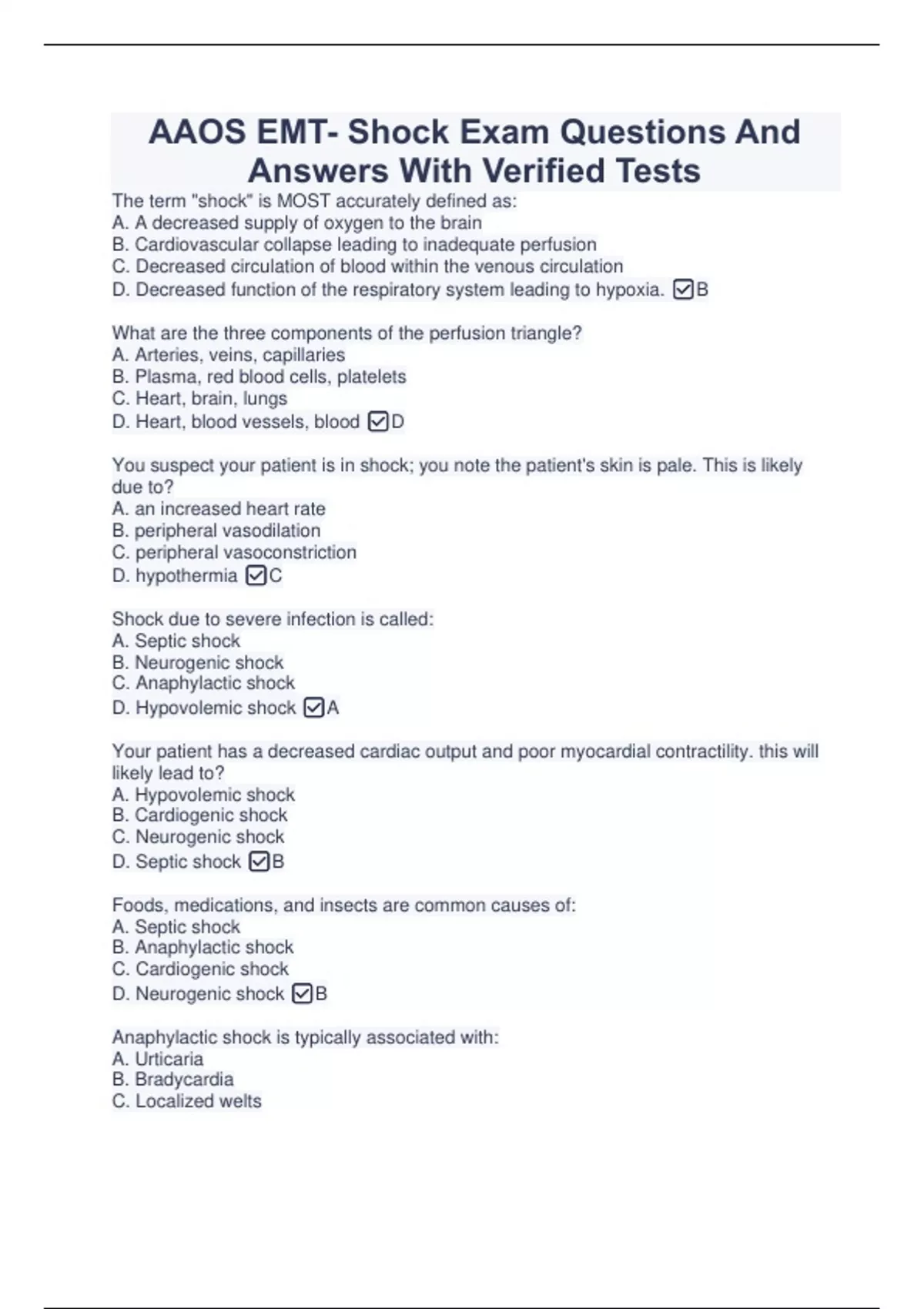 AAOS EMT Shock Exam Questions And Answers With Verified Tests Stuvia US