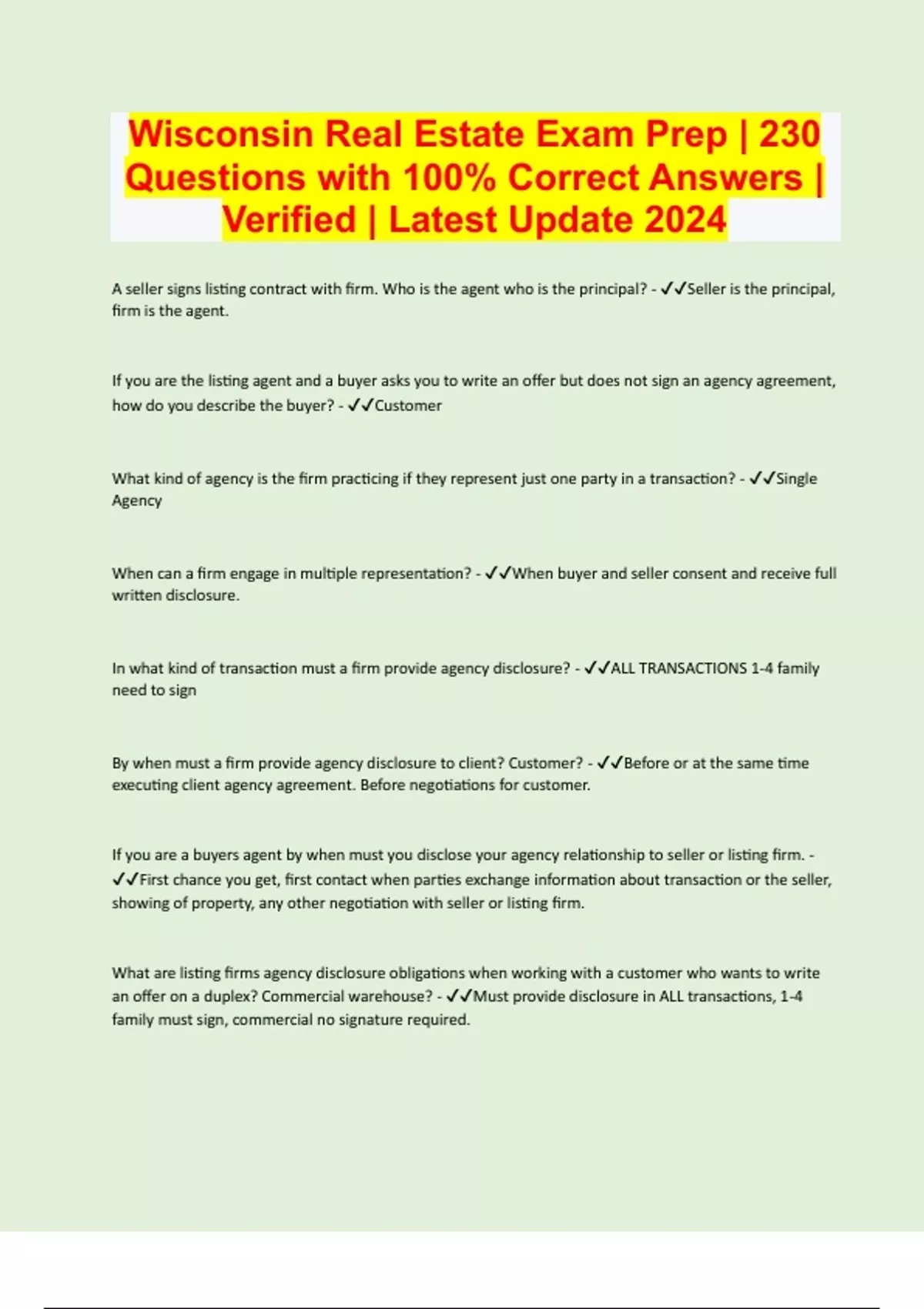 Wisconsin Real Estate Exam Prep 230 Questions with 100 Correct