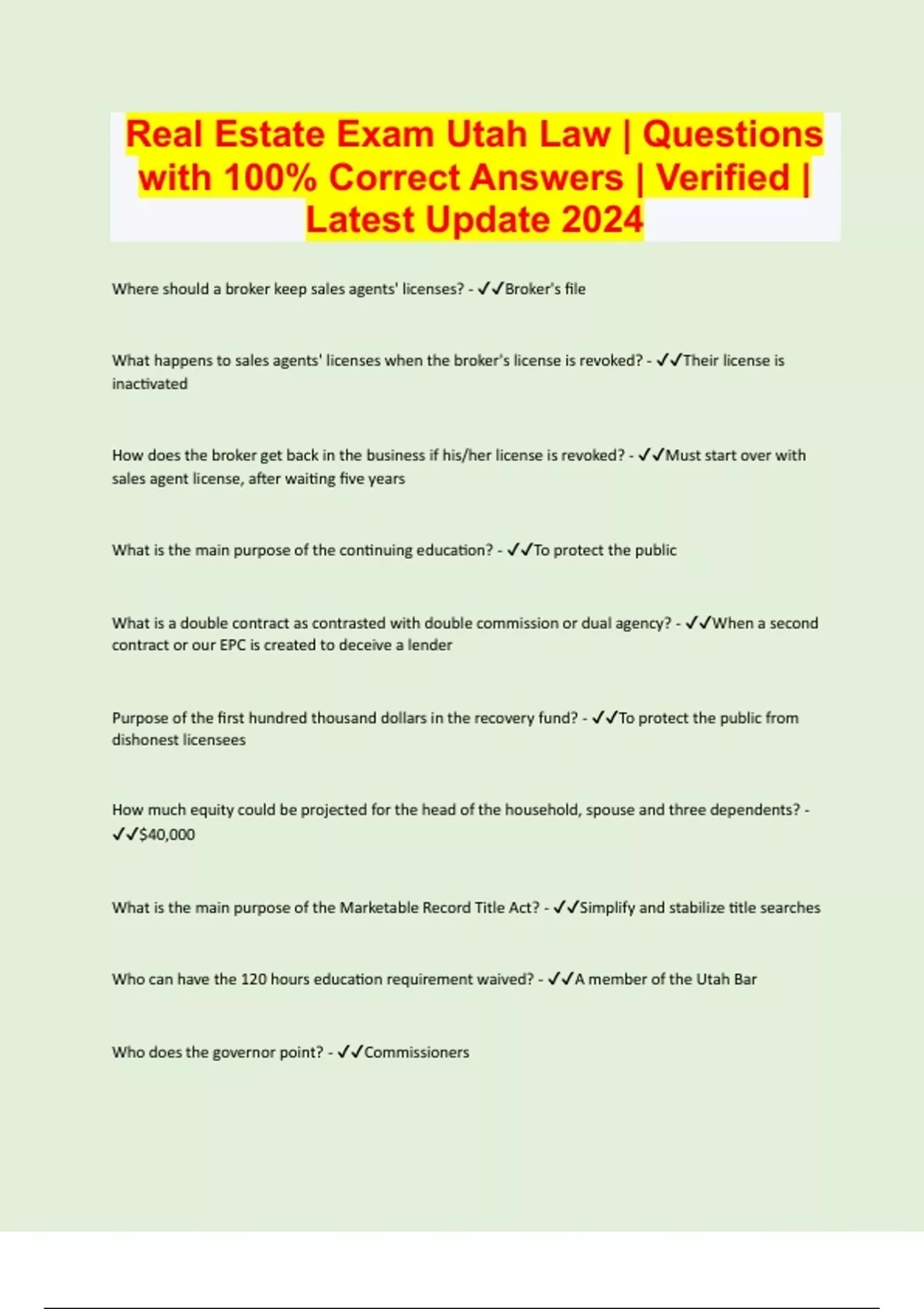 Real Estate Exam Utah Law Questions with 100 Correct Answers Verified Latest Update 2024