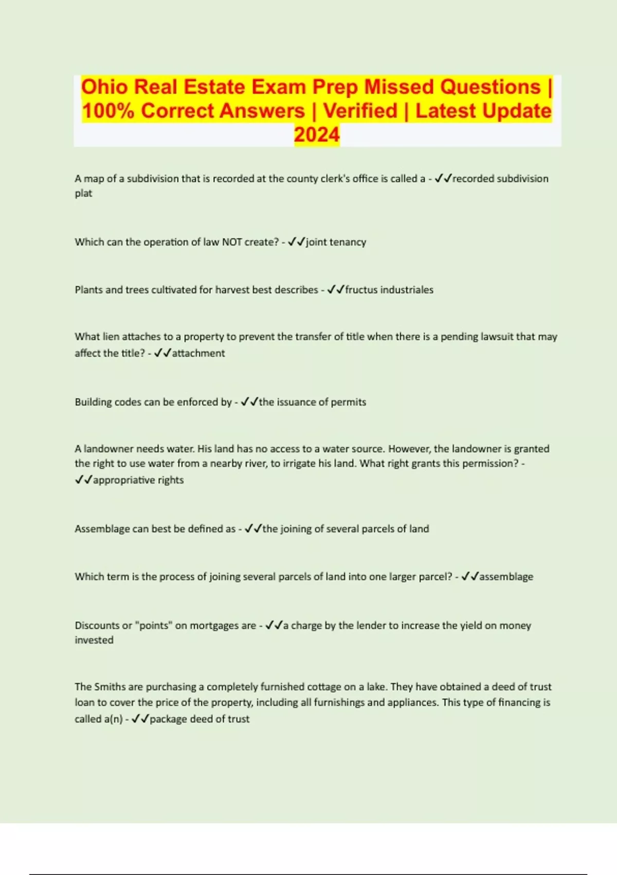 Ohio Real Estate Exam Prep Missed Questions 100 Correct Answers