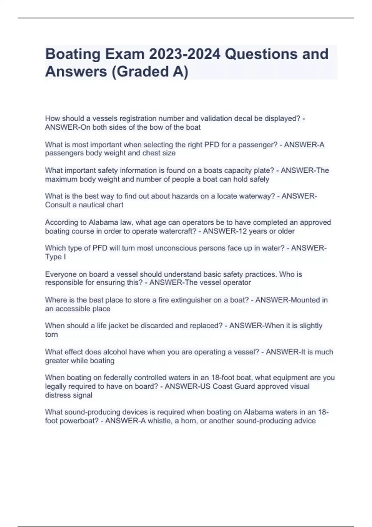 Boating Exam Questions and Answers (Graded A) Boating Stuvia US